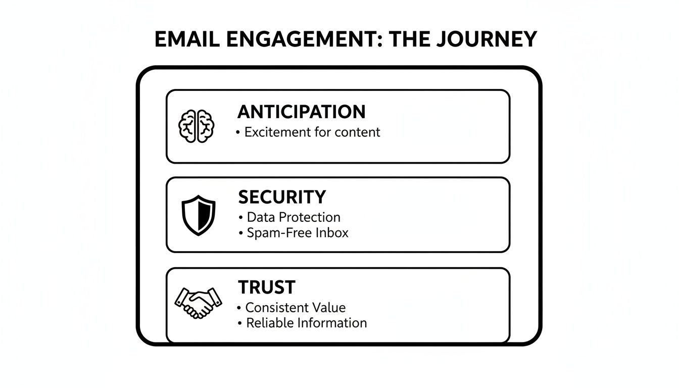 Diagram outlining the email engagement journey, featuring anticipation, security, and trust with corresponding bullet points.