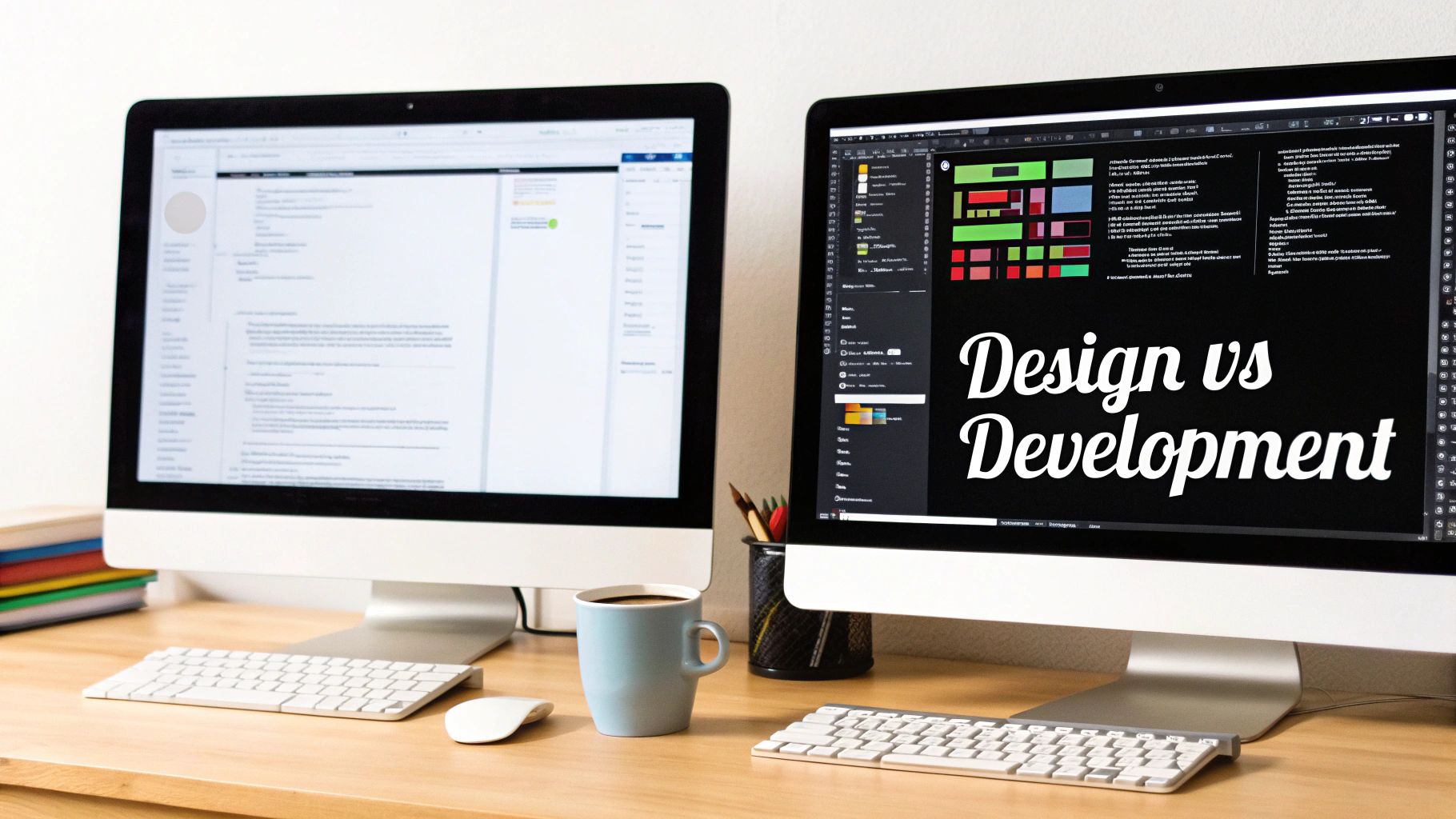 A split image showing a web designer working on a visual layout on the left, and a web developer writing code on the right.
