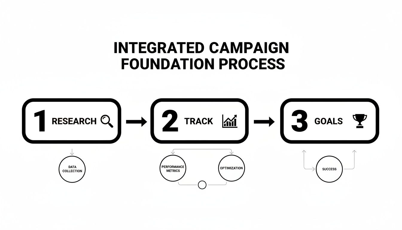 Flowchart of an Integrated Campaign Foundation Process with three main steps: Research, Track, and Goals.