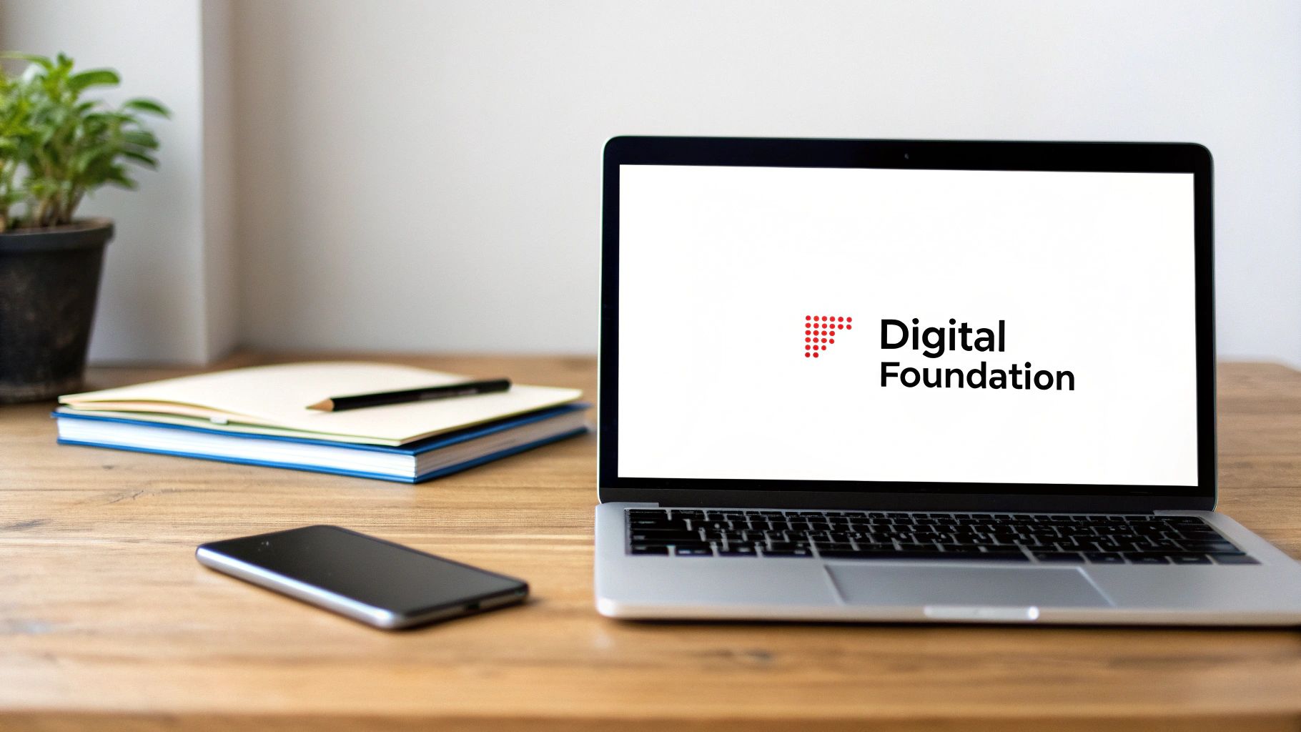A modern workspace with a laptop displaying 'Digital Foundation' logo, a smartphone, notebooks, and a plant on a wooden desk.