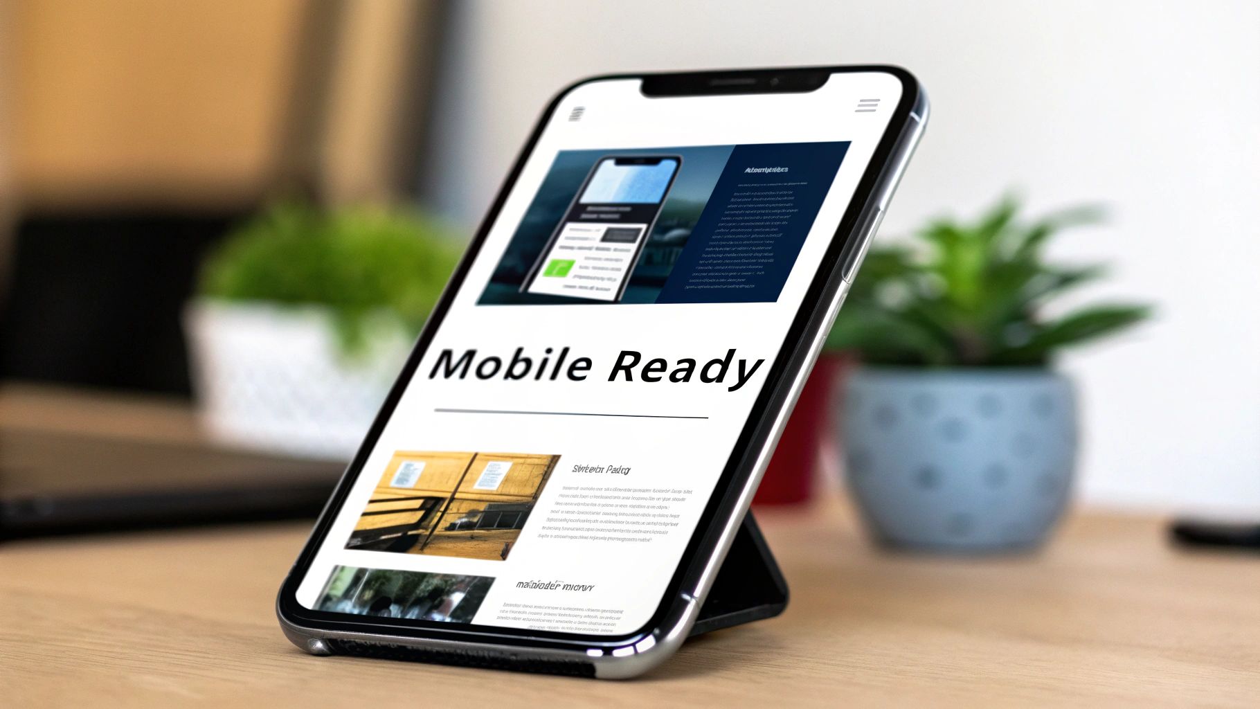 Smartphone displaying mobile ready responsive website design on wooden desk with plants