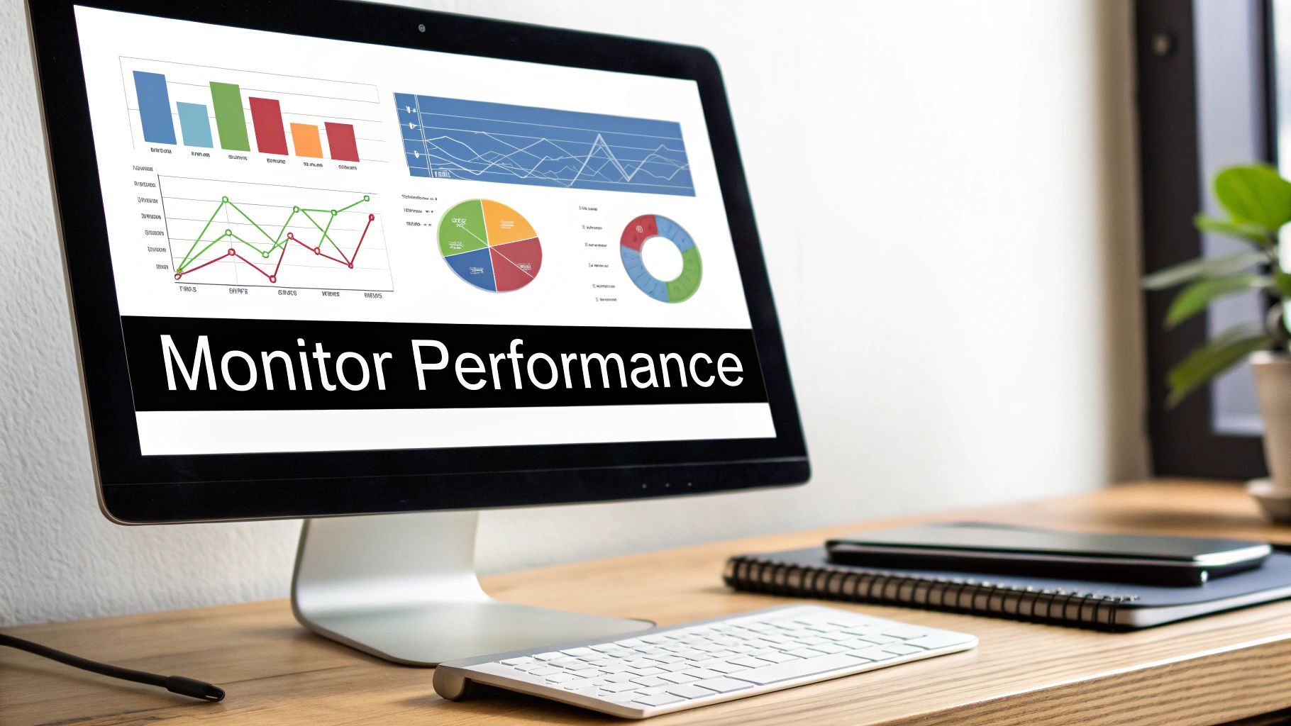 A computer monitor displays performance charts and graphs, with text 'Monitor Performance', on a desk with a keyboard and notebook.