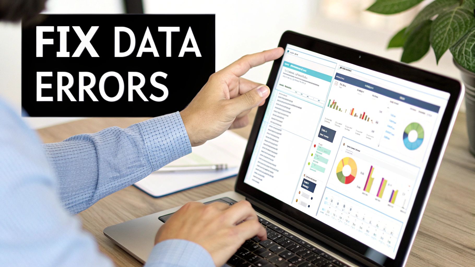 A person points at a laptop screen displaying data charts and graphs, with 'FIX DATA ERRORS' text.
