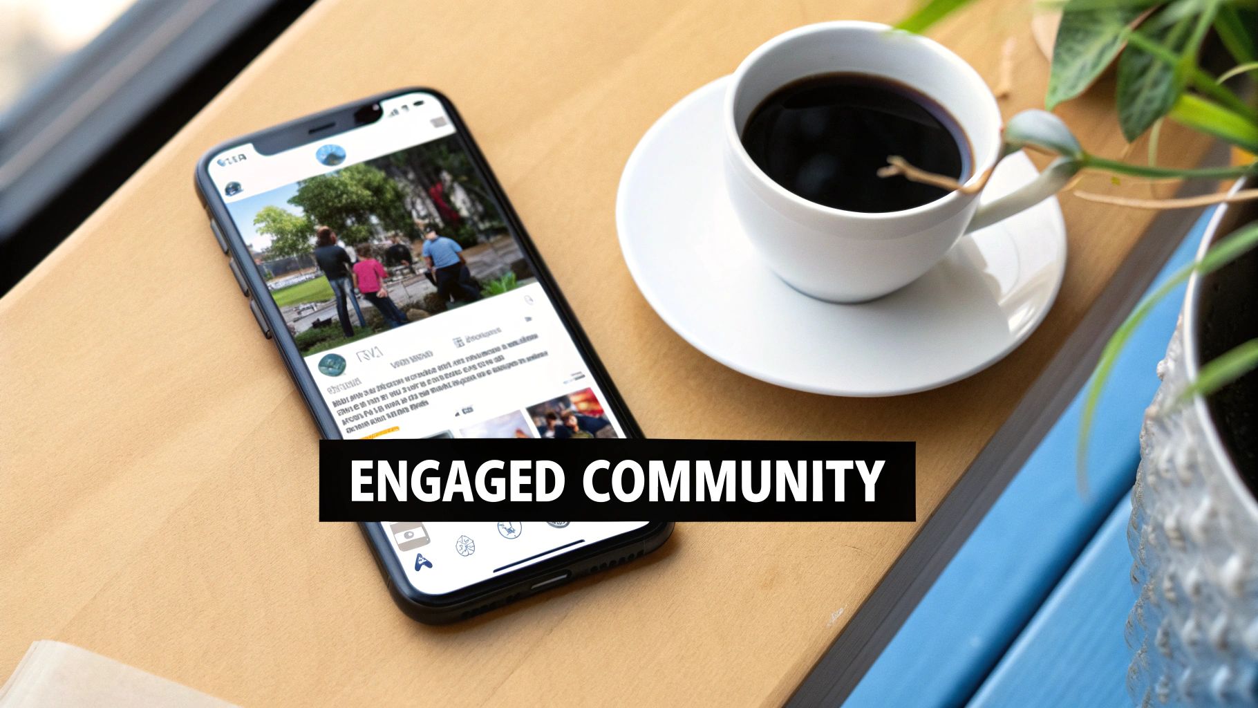 A smartphone showing a social media feed, a coffee cup, and a plant, with 'ENGAGED COMMUNITY' text.