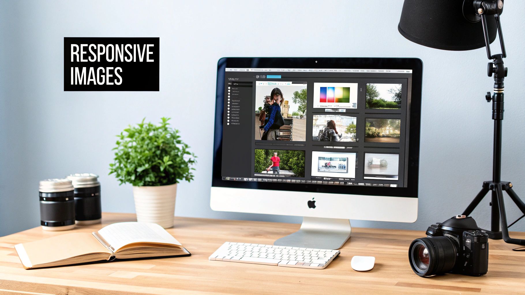 A workspace with an iMac displaying responsive images in photo editing software, a camera, and a plant.