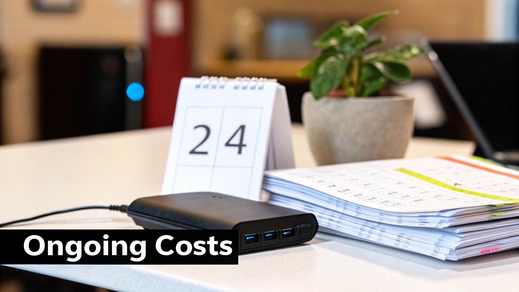 A desk setup with a calendar showing '24', a power bank, and stacked documents, emphasizing ongoing costs.