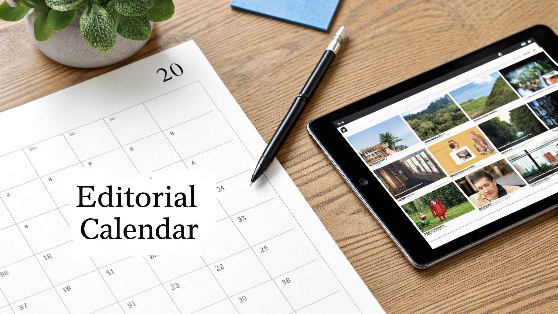 A calendar page titled 'Editorial Calendar' with a pen and a tablet on a wooden desk.