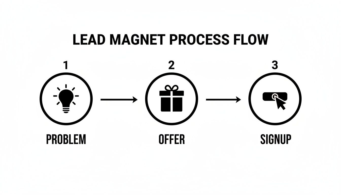 A clear flowchart illustrating the lead magnet process from identifying a problem to offering a solution and getting signups.