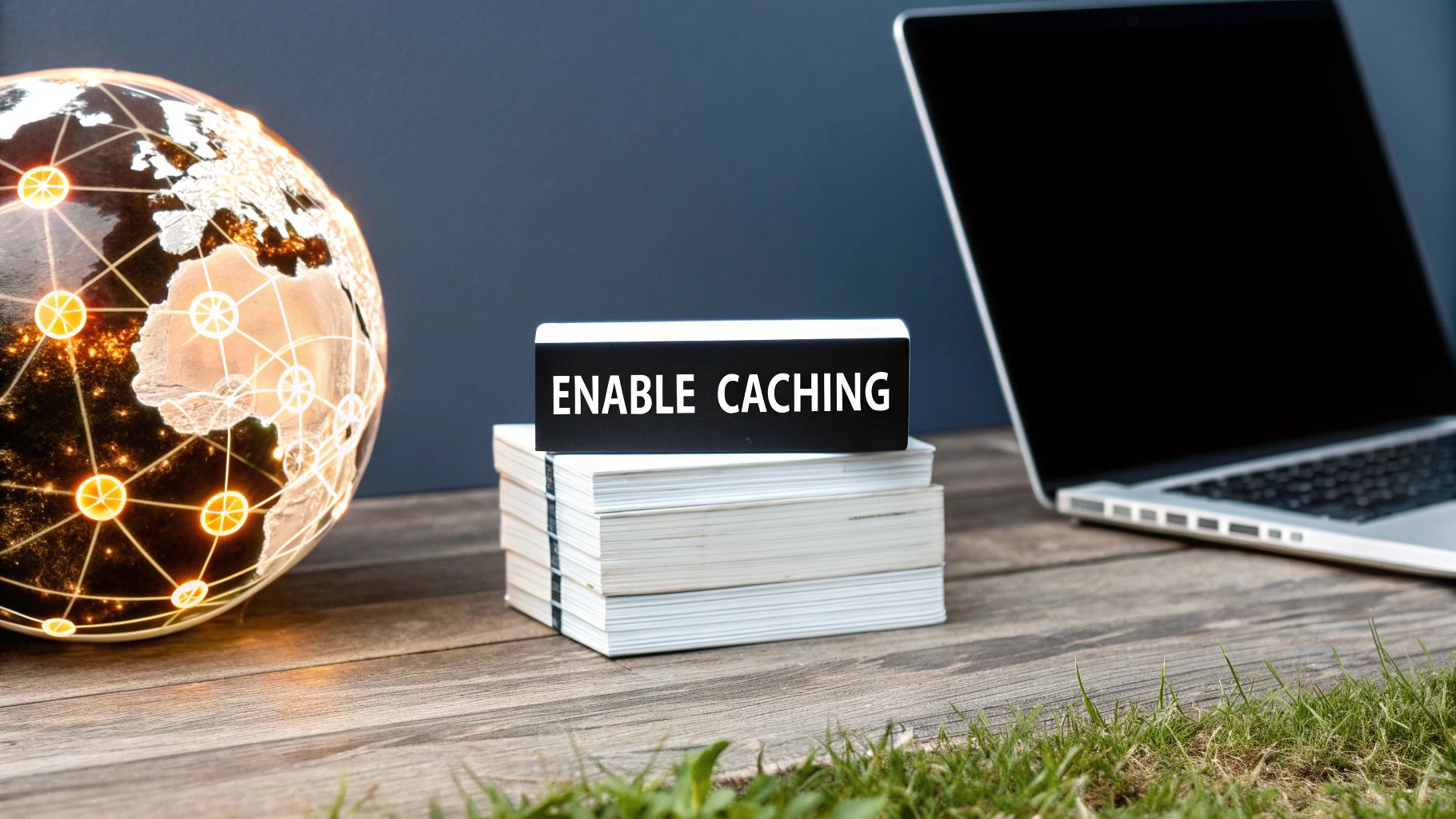 A glowing network globe, 'ENABLE CACHING' sign, books, and laptop on a wooden surface, suggesting web optimization.