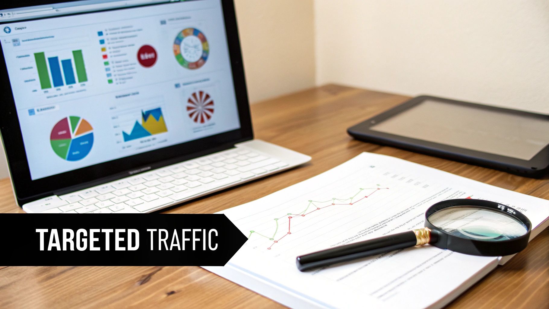 Laptop displaying marketing analytics charts and graphs, with a document and magnifying glass, symbolizing targeted traffic strategy.