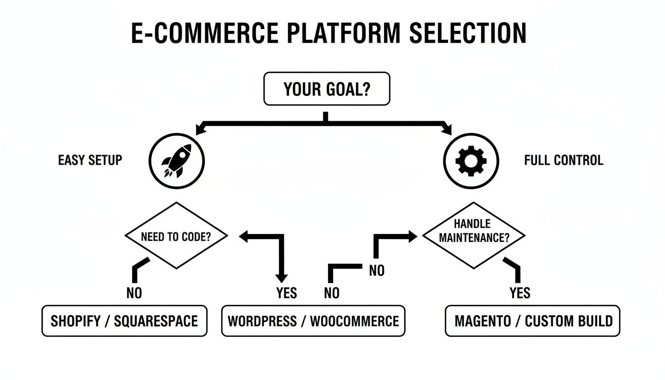 Flowchart guiding e-commerce platform selection based on setup, control, coding, and maintenance requirements.