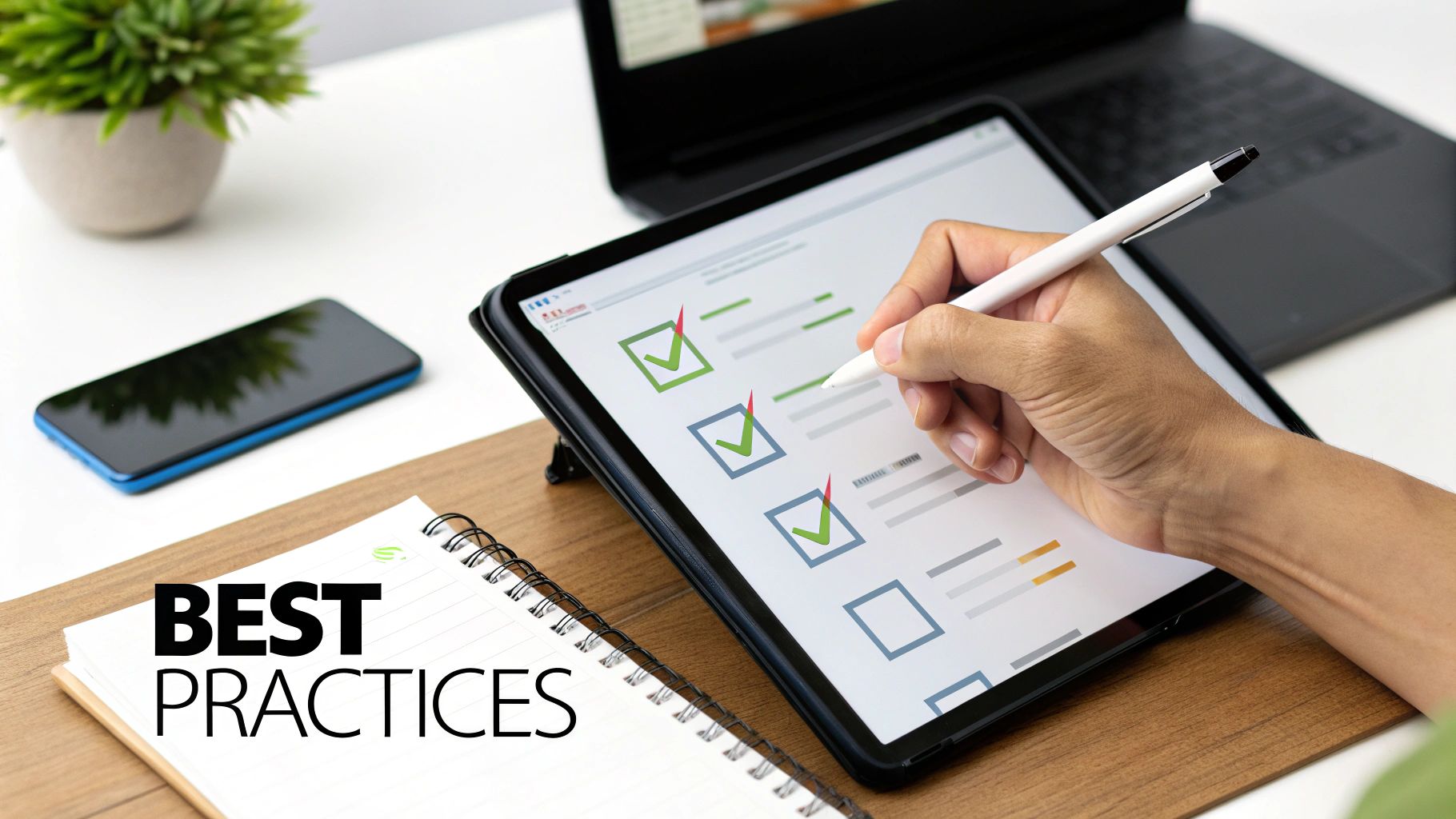 A hand uses a stylus on a tablet displaying a digital checklist, beside a notebook with 'BEST PRACTICES' written.