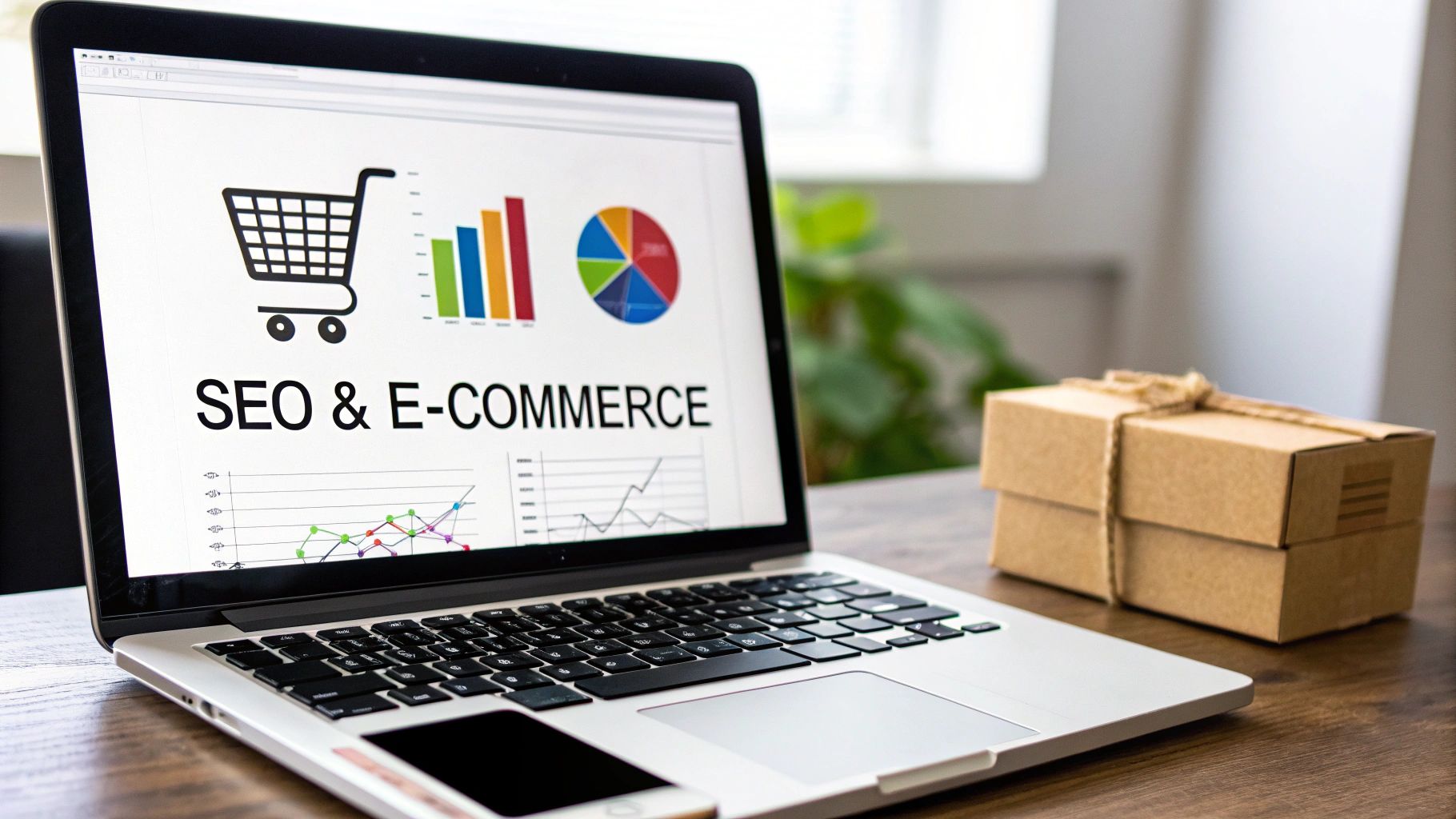 Laptop screen showing SEO and e-commerce growth charts with a shopping cart, beside shipping boxes.