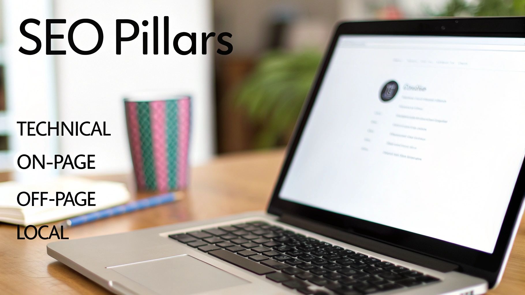 A laptop on a wooden desk with text 'SEO Pillars: Technical, On-Page, Off-Page, Local' displayed.