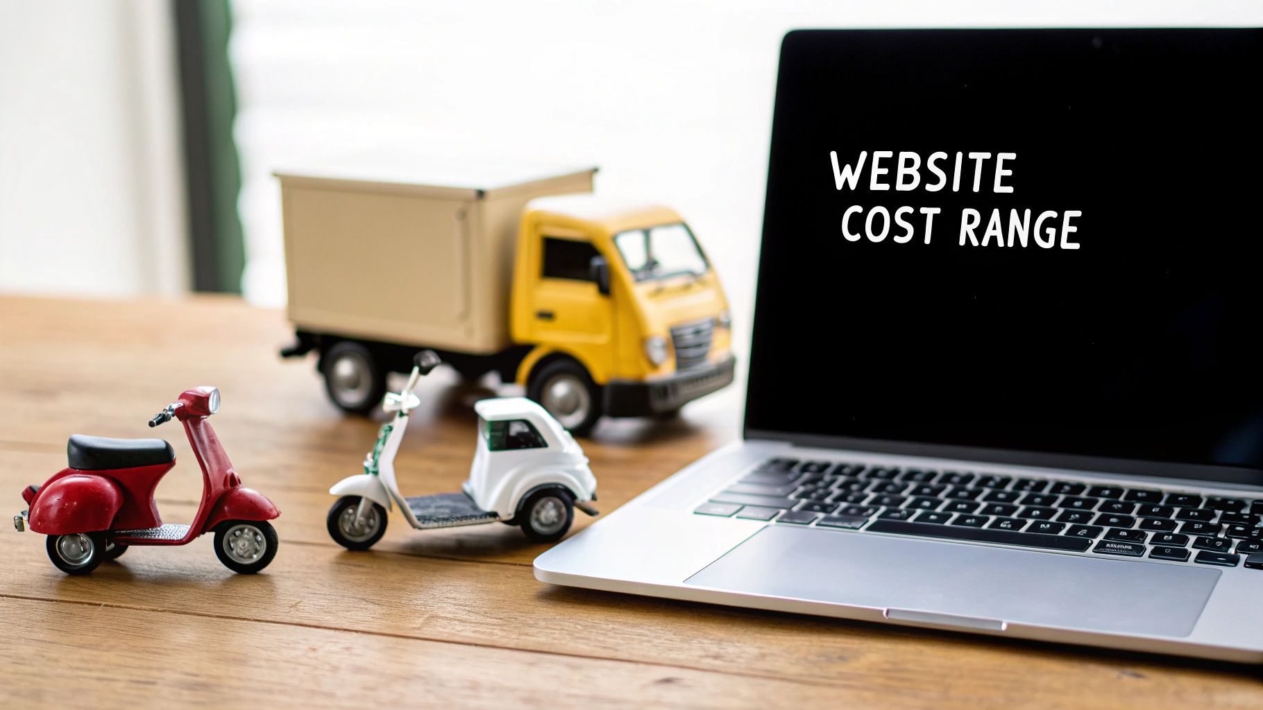 A laptop displaying 'WEBSITE COST RANGE' with miniature delivery scooters and a truck on a wooden desk.