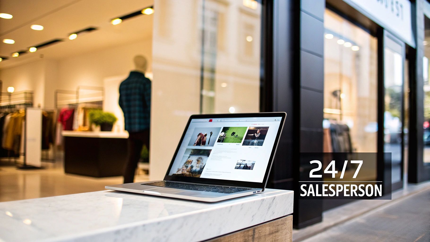 Modern laptop displaying a comprehensive website on a store counter with '24/7 Salesperson' message.