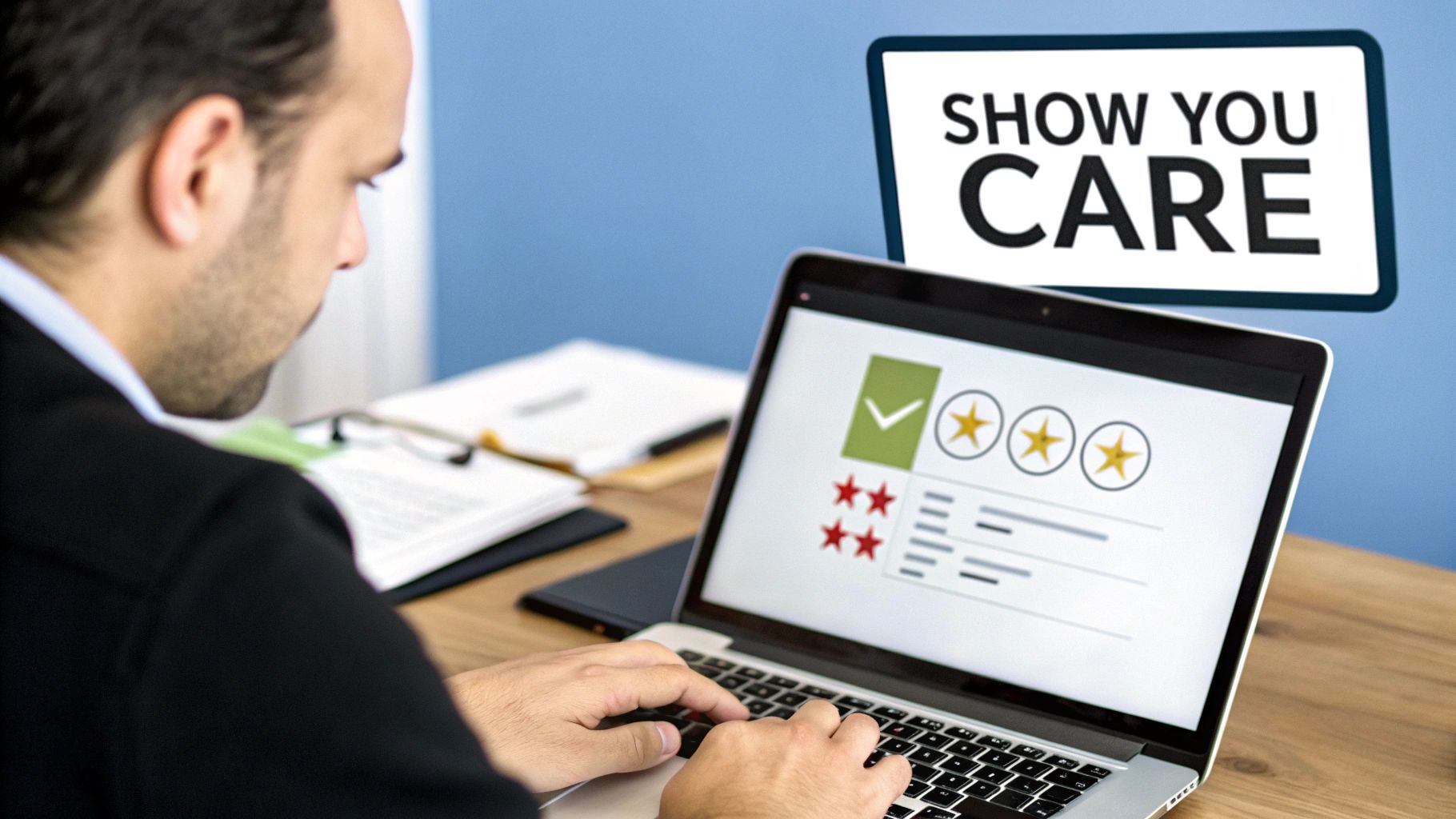 A person looking thoughtfully at a laptop screen displaying customer reviews and star ratings.