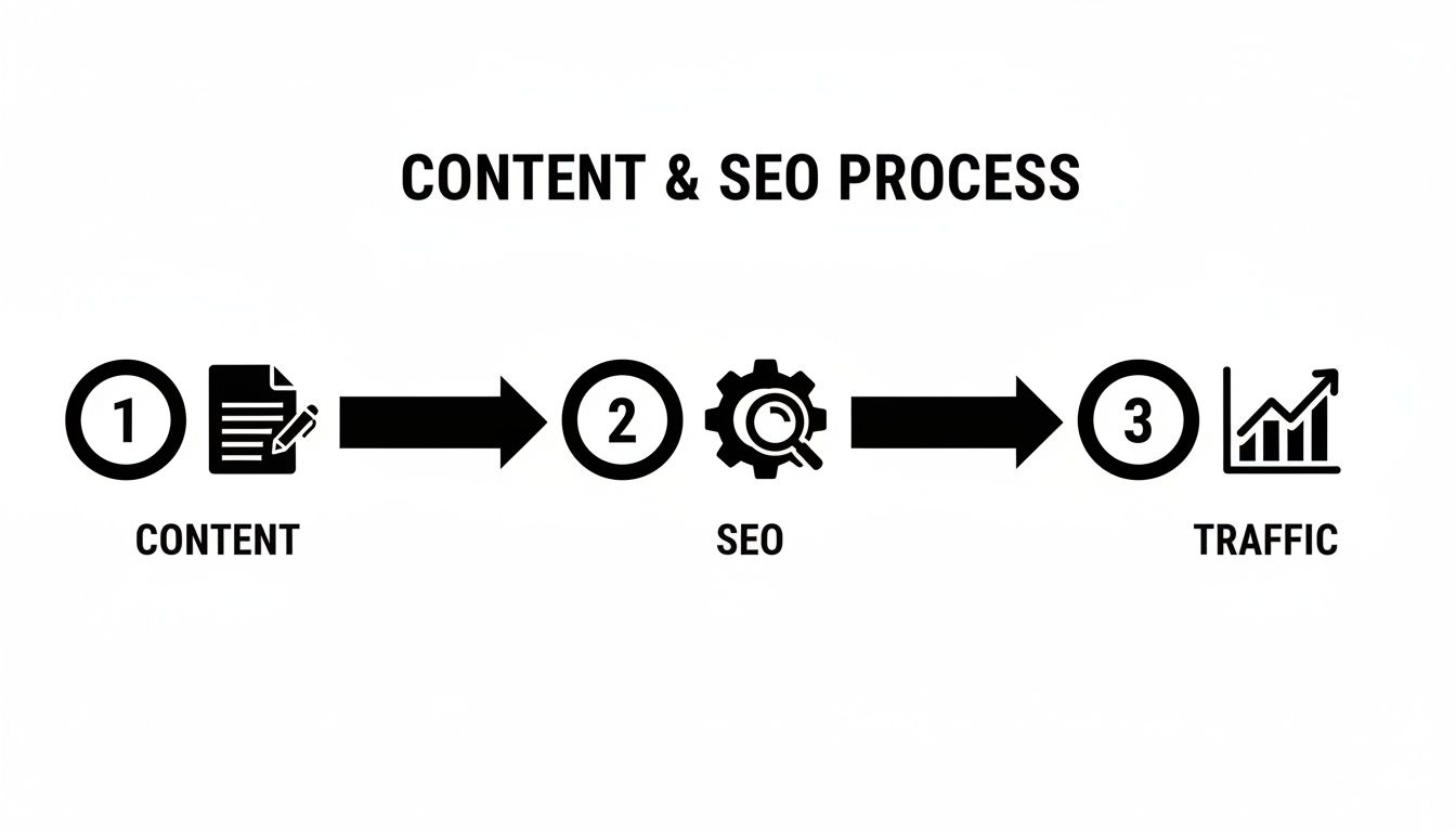 Flowchart outlining the content and SEO process from creation to traffic growth.