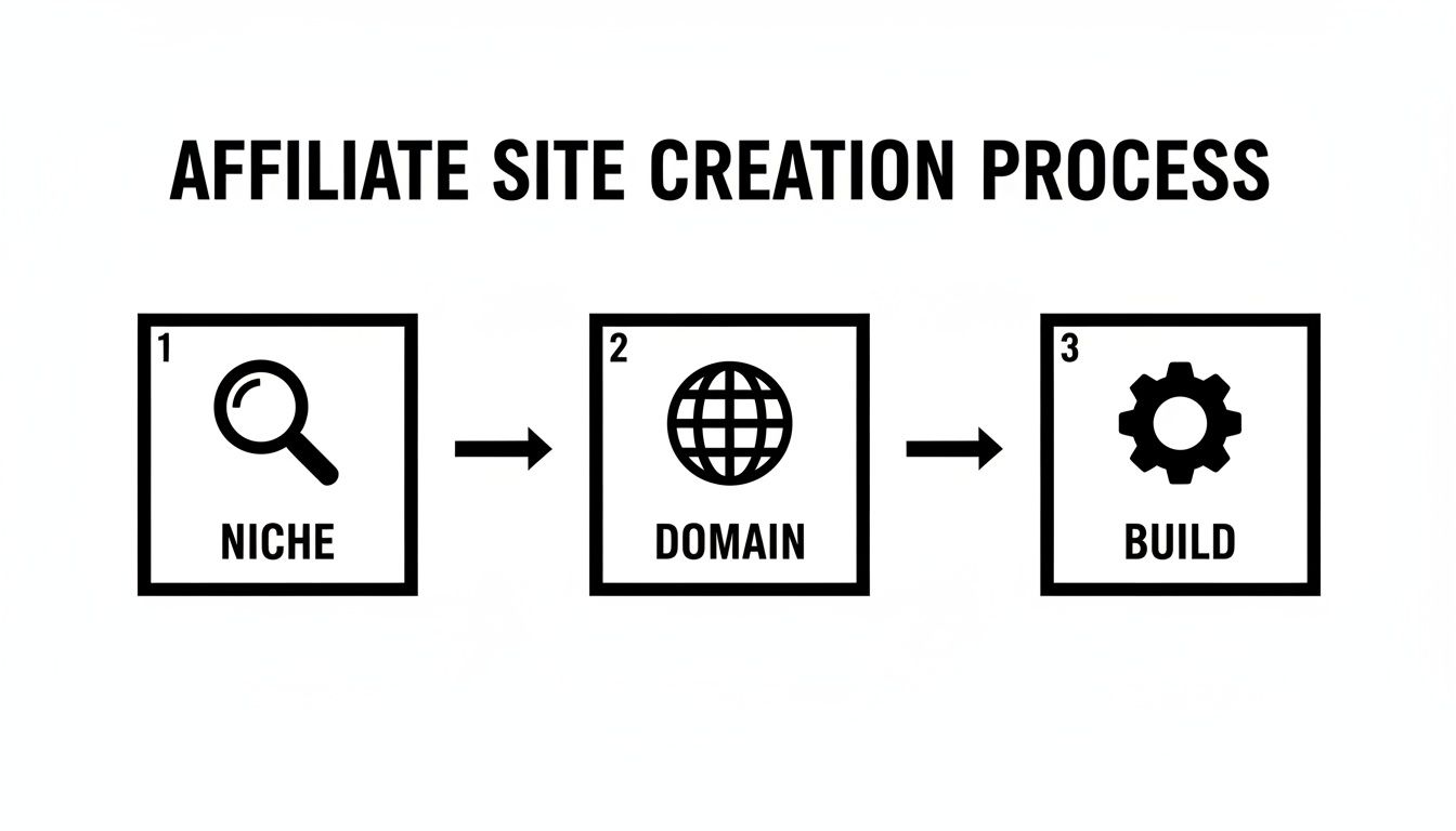 A three-step infographic outlining the affiliate site creation process: Niche research, Domain registration, and website Build.