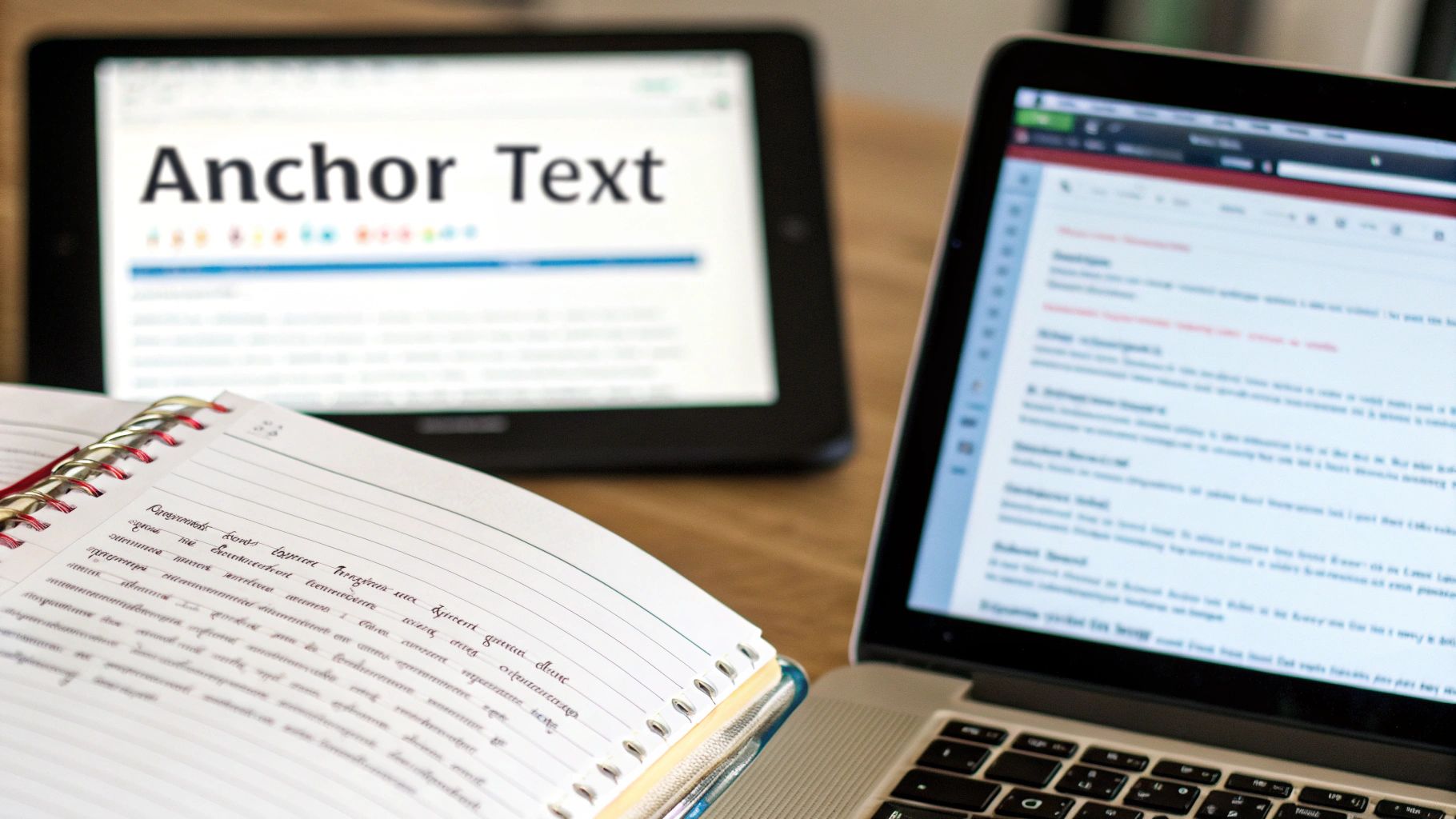 A workspace with a tablet displaying 'Anchor Text', a laptop, and an open notebook, suggesting SEO or content creation.