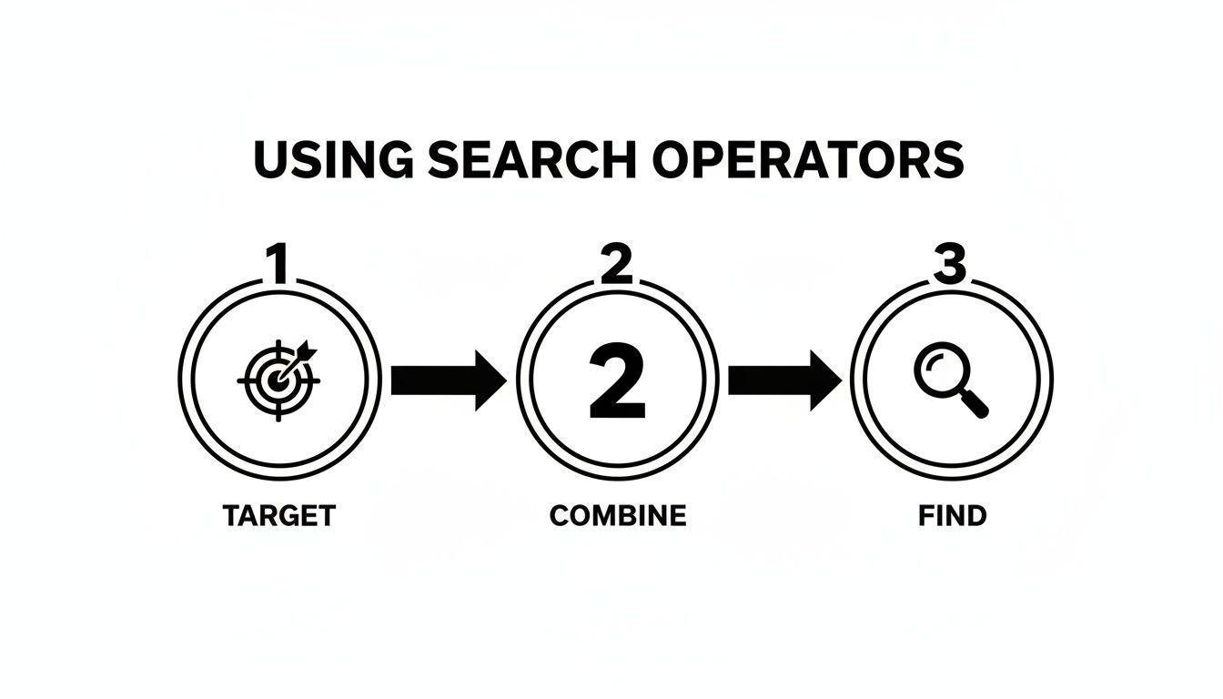 A 3-step diagram explaining how to use search operators: target, combine, and find.