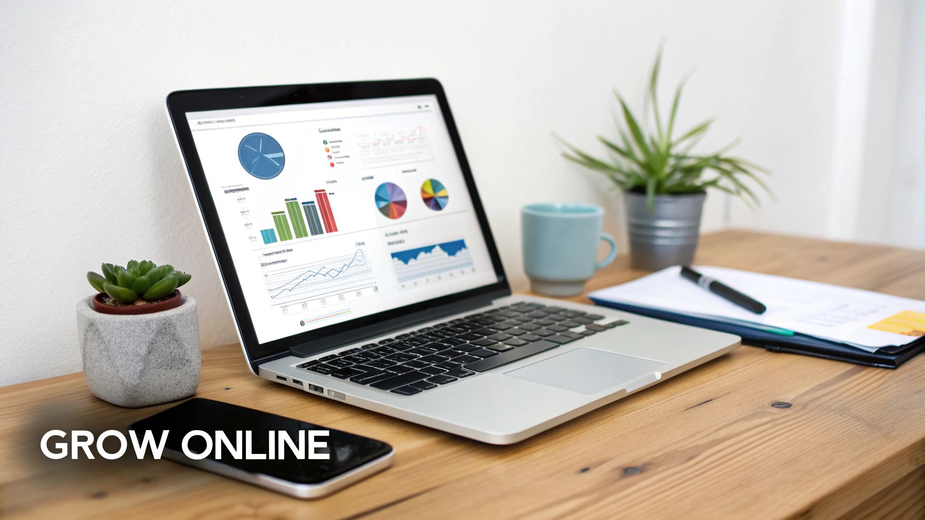 A laptop displaying business charts and graphs on a wooden desk with a phone and plants, promoting online growth.