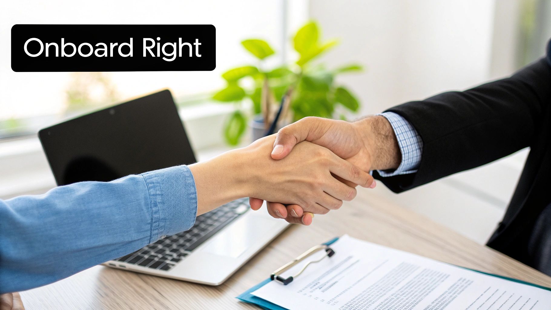 Two professionals shake hands over a desk with a laptop and documents, with text 'Onboard Right'.