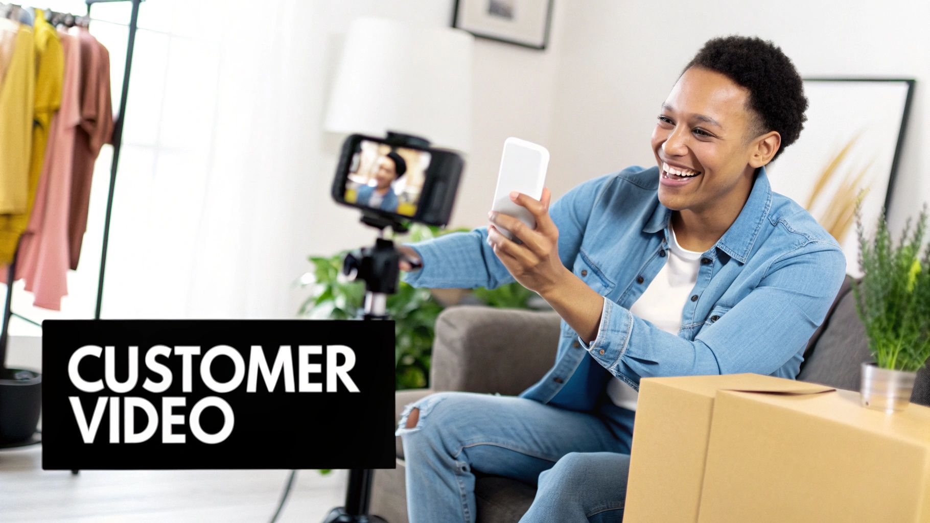 A smiling young man records a customer review video using a smartphone, unboxing products.