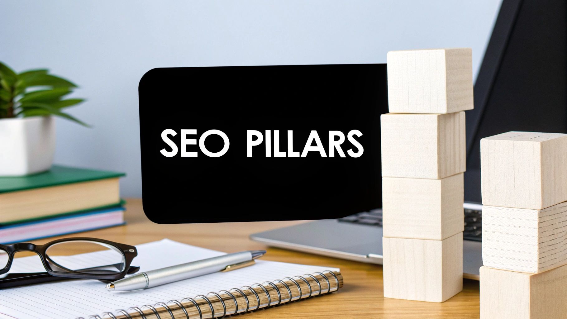 A desk with a laptop displaying 'SEO PILLARS' text, surrounded by office supplies and wooden blocks.