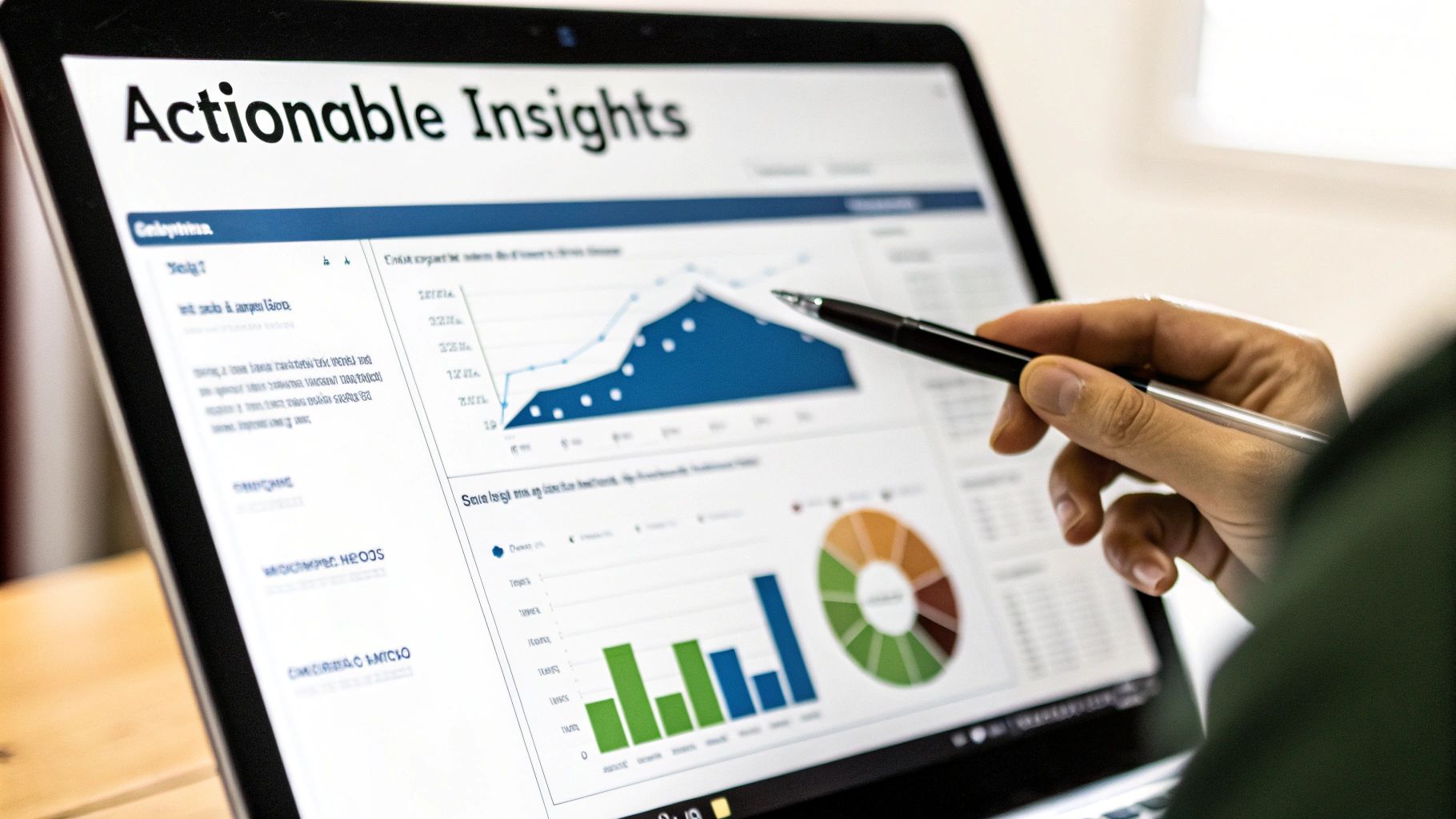 A hand pointing at a laptop screen displaying data charts, graphs, and 'Actionable Insights'.