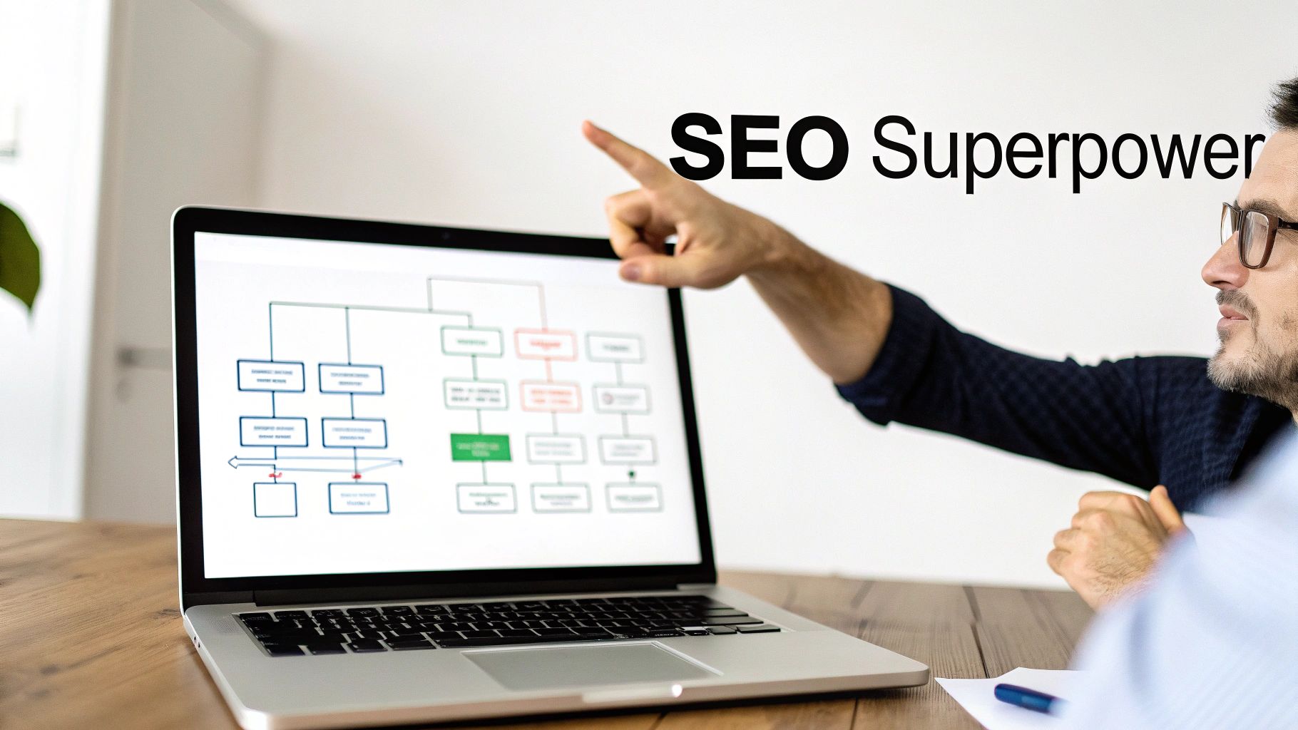 A person points at a laptop showing an internal linking strategy flowchart, demonstrating SEO superpowers in a business meeting.