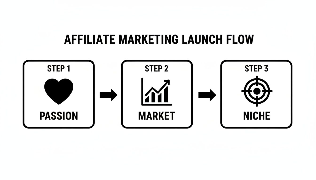 A flowchart showing three steps for an affiliate marketing launch: Passion, Market, and Niche.