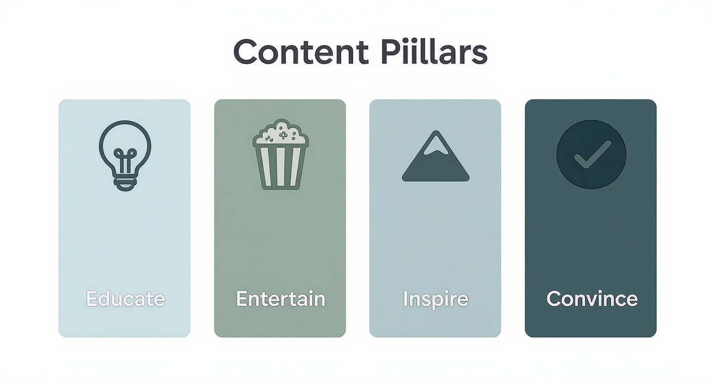 An infographic displaying the four content pillars: Educate, Entertain, Inspire, and Convince, each with a relevant icon.