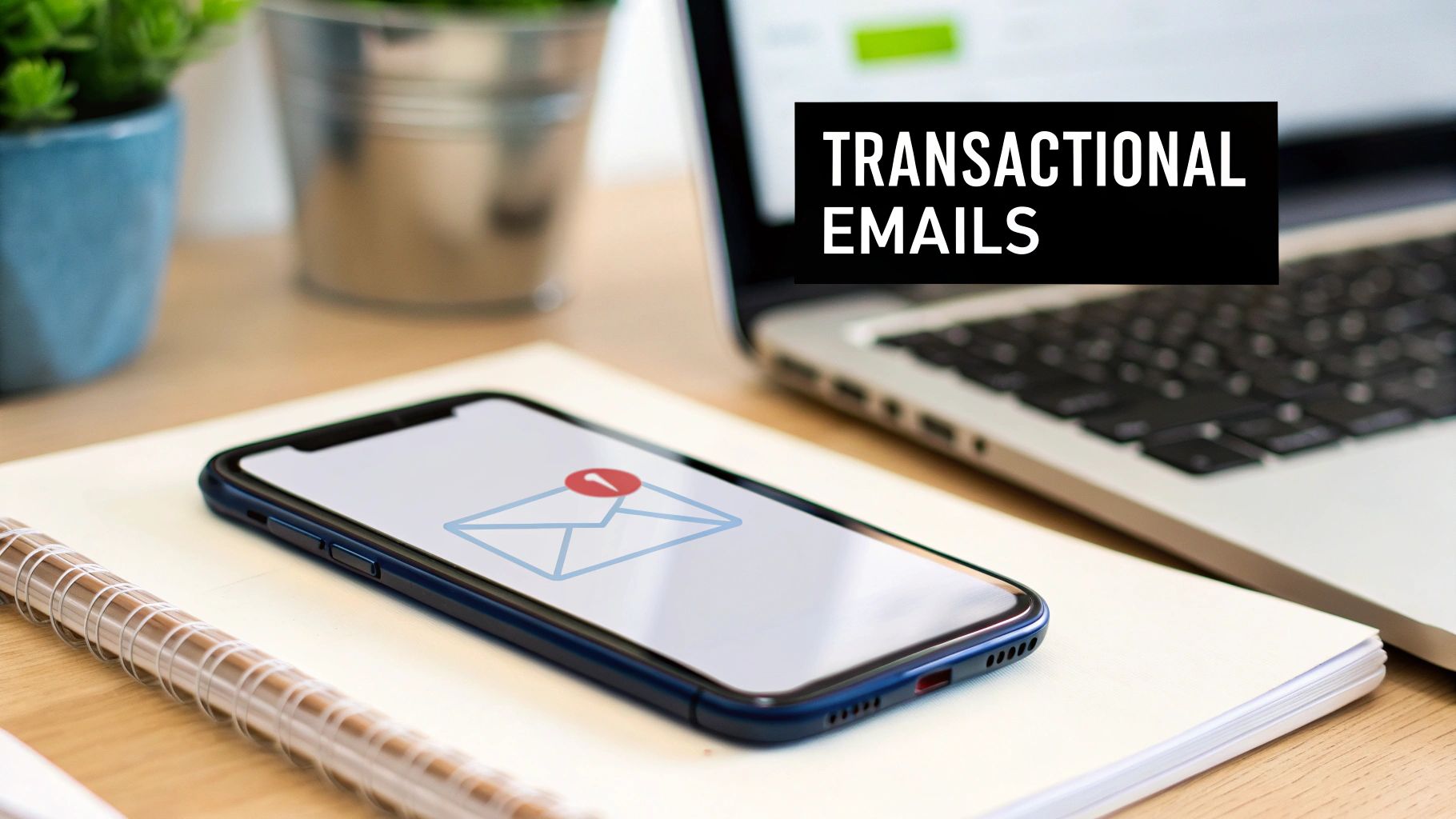 A smartphone displaying an email icon with a notification, next to a laptop and a notebook, with text 'TRANSACTIONAL EMAILS'.