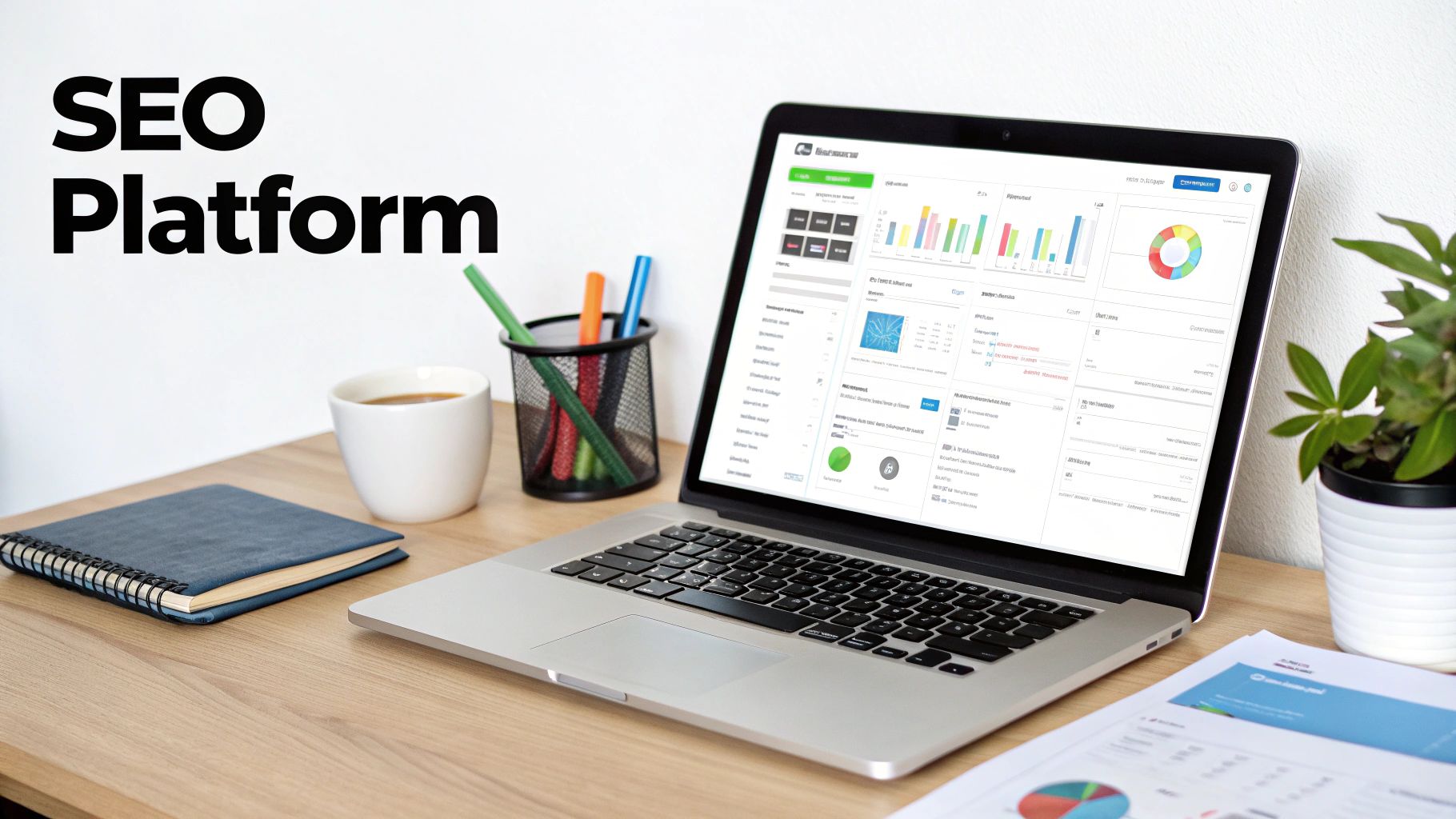 A laptop on a wooden desk displays an SEO platform dashboard with charts and data, alongside a coffee cup, pens, and a notebook. Text reads 'SEO Platform'.