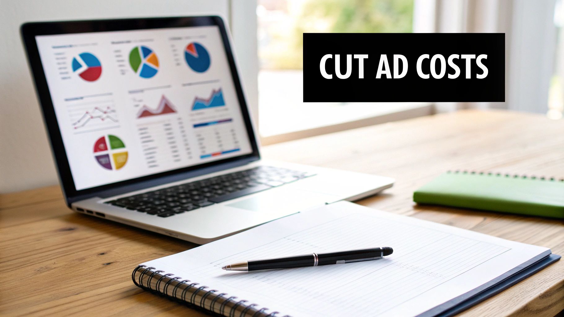 A laptop displays financial charts and graphs, with text 'CUT AD COSTS' on a business desk.