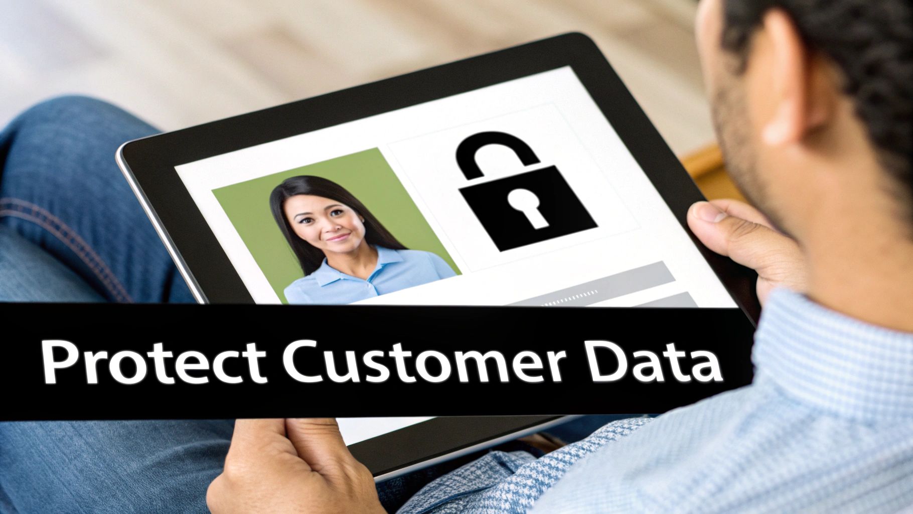 A person holds a tablet displaying a woman's photo and a padlock icon, with text 'Protect Customer Data' emphasizing data security.