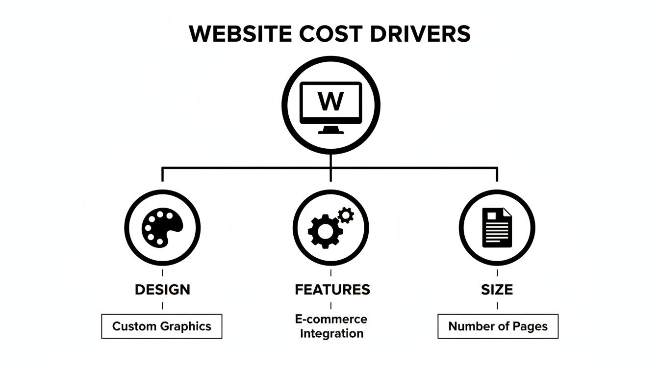 Diagram illustrating website cost drivers: design (custom graphics), features (e-commerce integration), and size (number of pages).