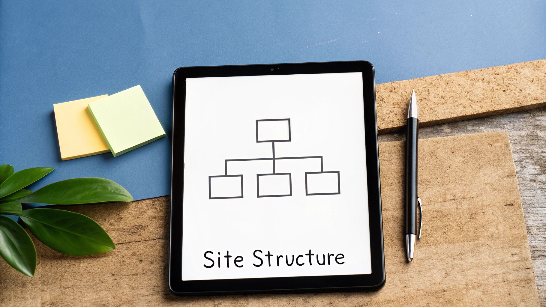 Tablet displays a 'Site Structure' diagram with hierarchical boxes, next to sticky notes and a pen.