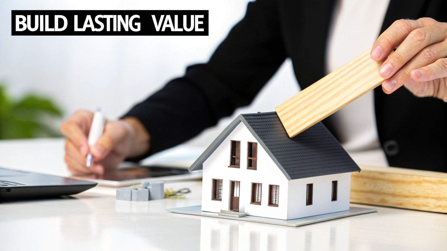 Person at a desk with laptop, sticky notes, and plants, working on a content strategy.