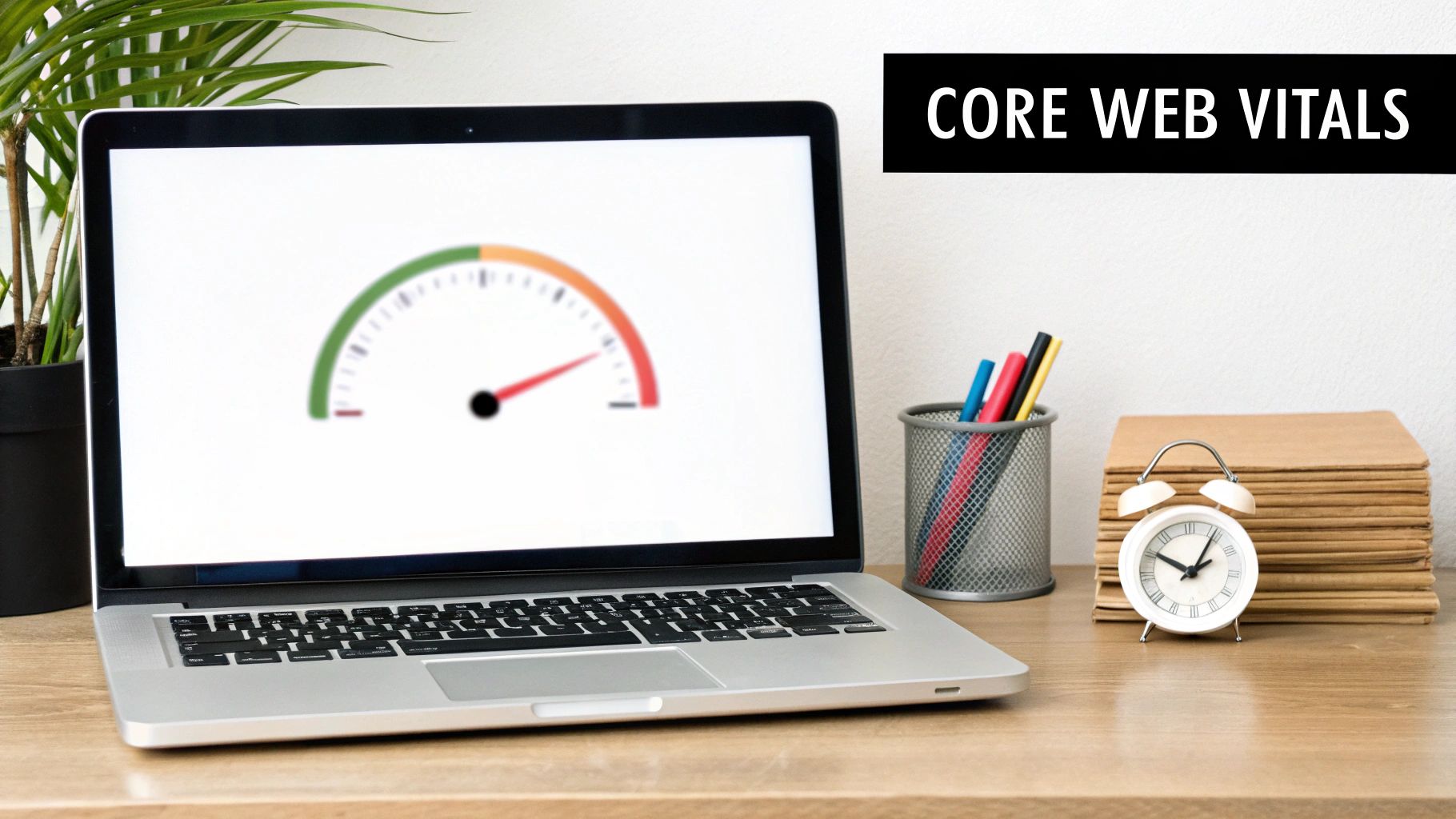 Laptop displaying Core Web Vitals speed gauge on desk with office supplies and plant