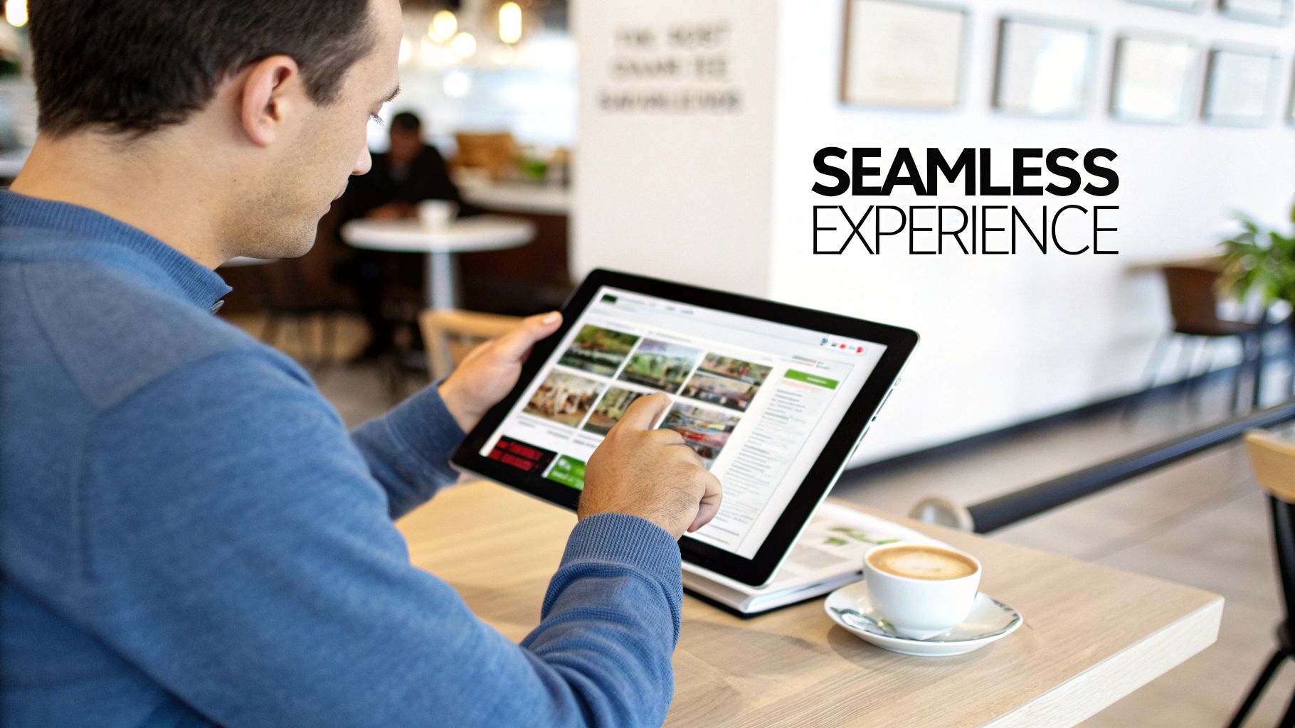 Man in a cafe uses a tablet to browse a website, highlighting a seamless digital experience.