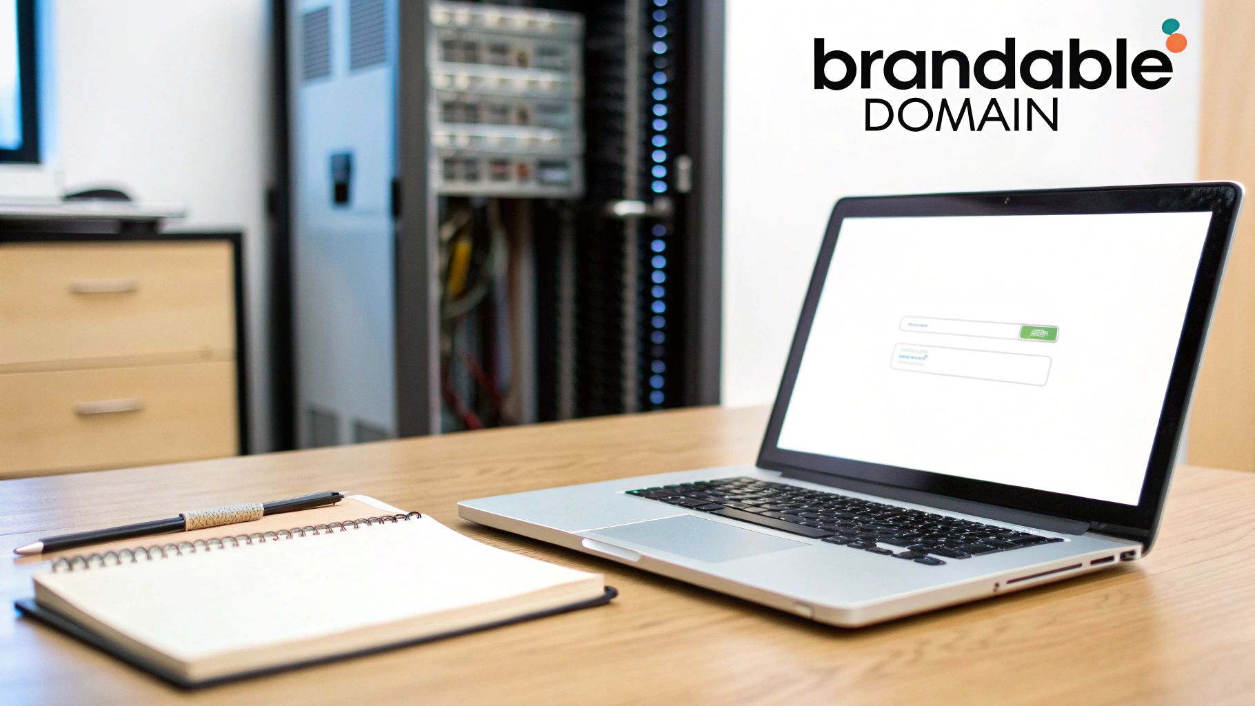 Silver laptop on a wooden desk showing a login page, with a notebook, pen, and server rack.
