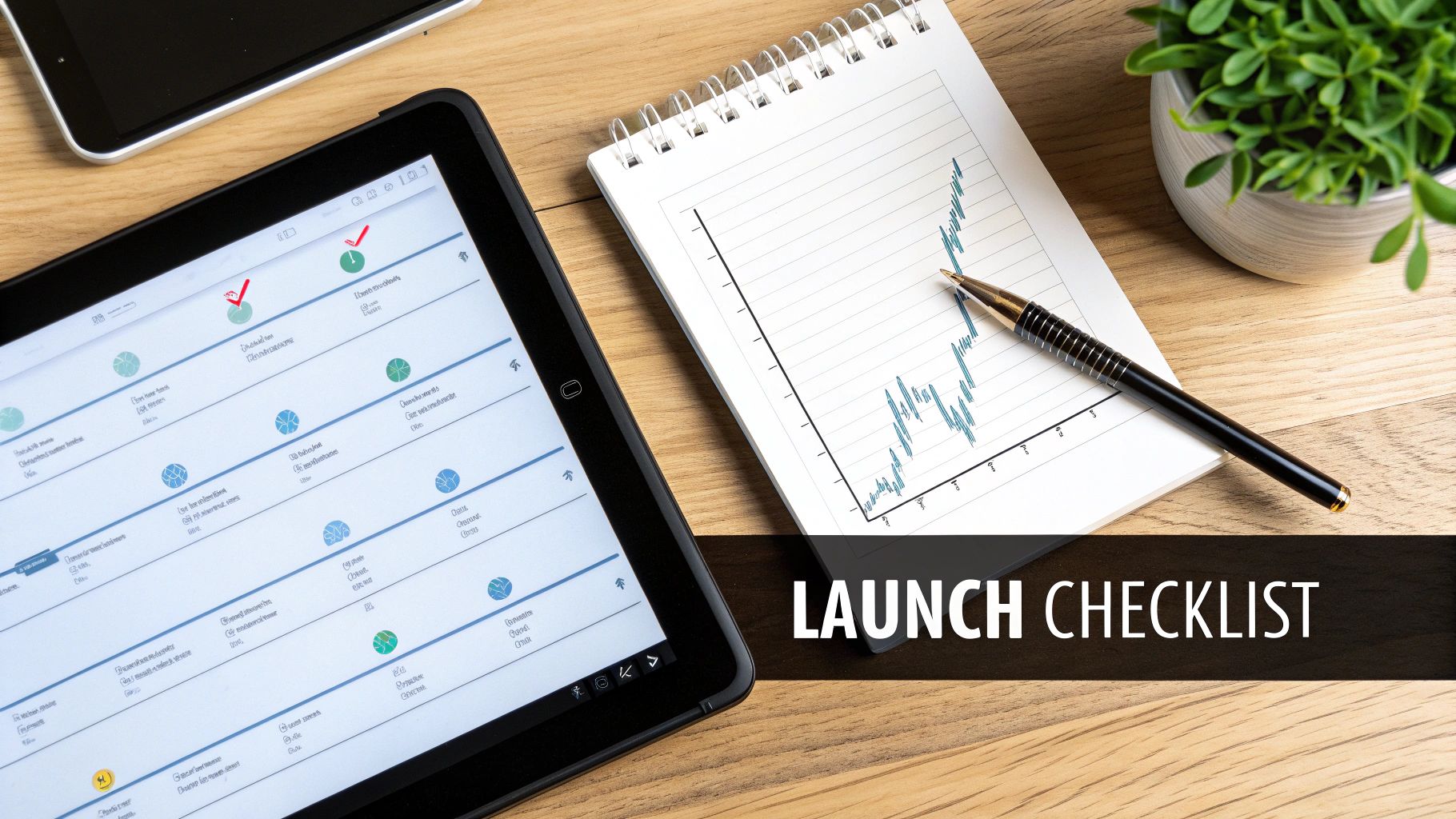 Desk with a tablet showing a checklist, a notebook with a graph, and a pen.