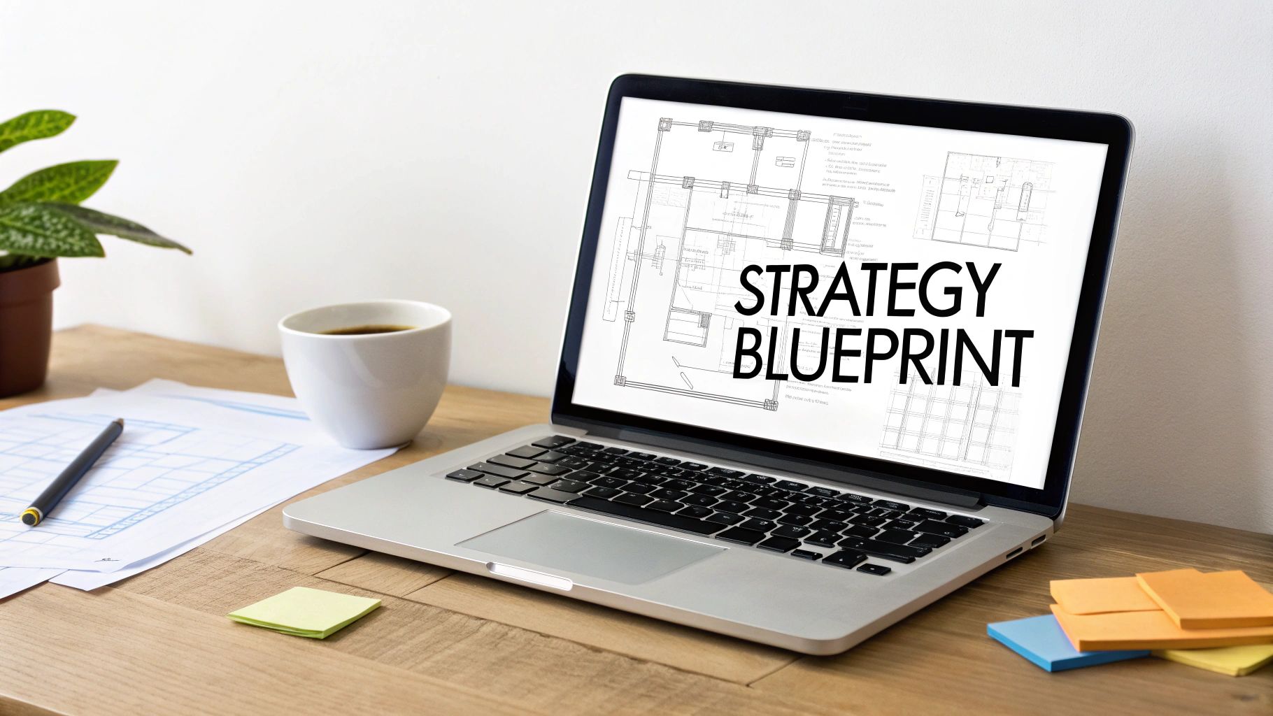 A laptop displaying 'STRATEGY BLUEPRINT' on a desk with coffee, a plant, and sticky notes.