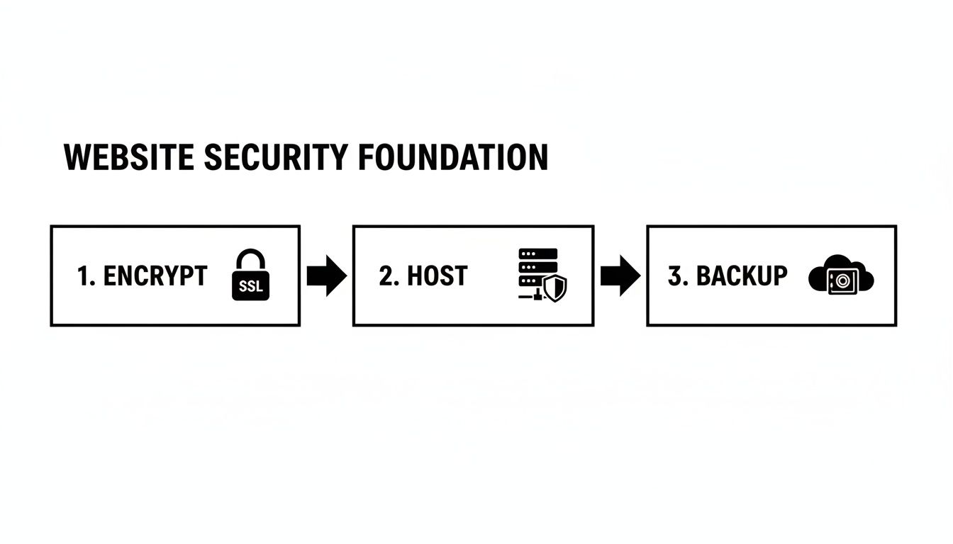 A diagram outlining website security foundation: 1. Encrypt with SSL, 2. Secure Host, and 3. Backup.