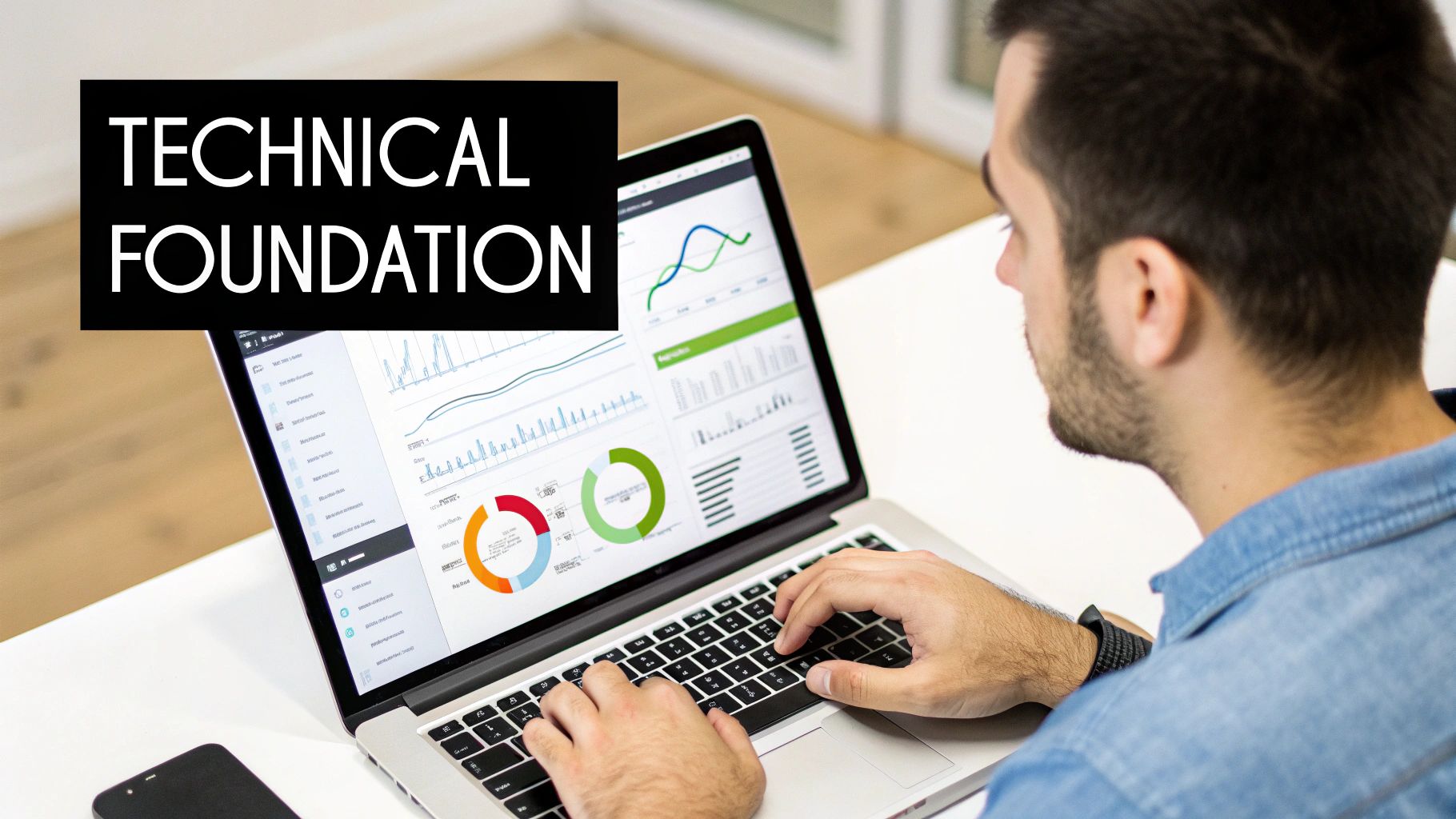 A person working on a laptop, surrounded by icons representing technical SEO elements like speed, security, and mobile responsiveness.