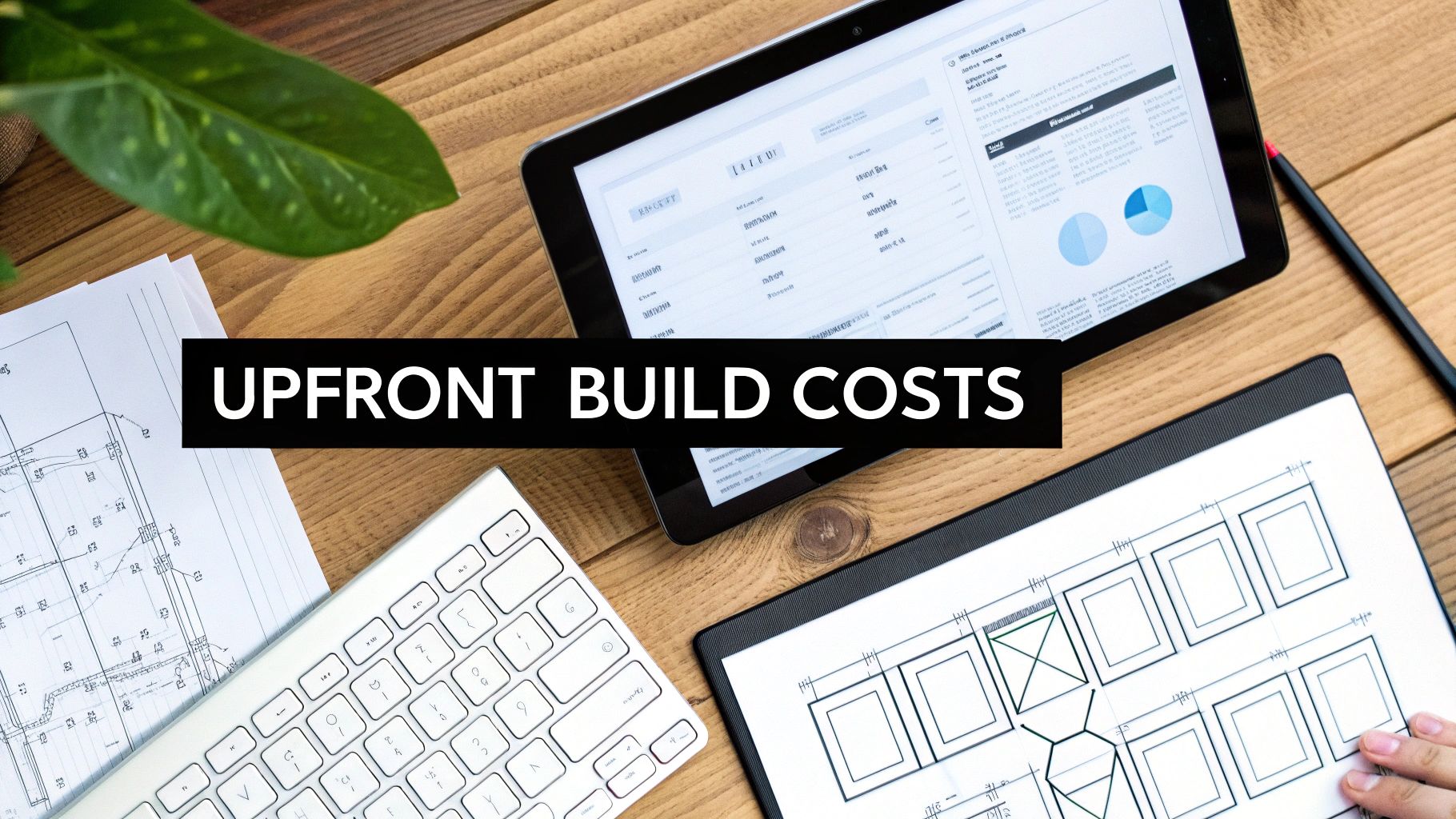 Overhead shot of a desk with architectural plans, a tablet displaying data, and a keyboard. A banner says 'UPFRONT BUILD COSTS'.