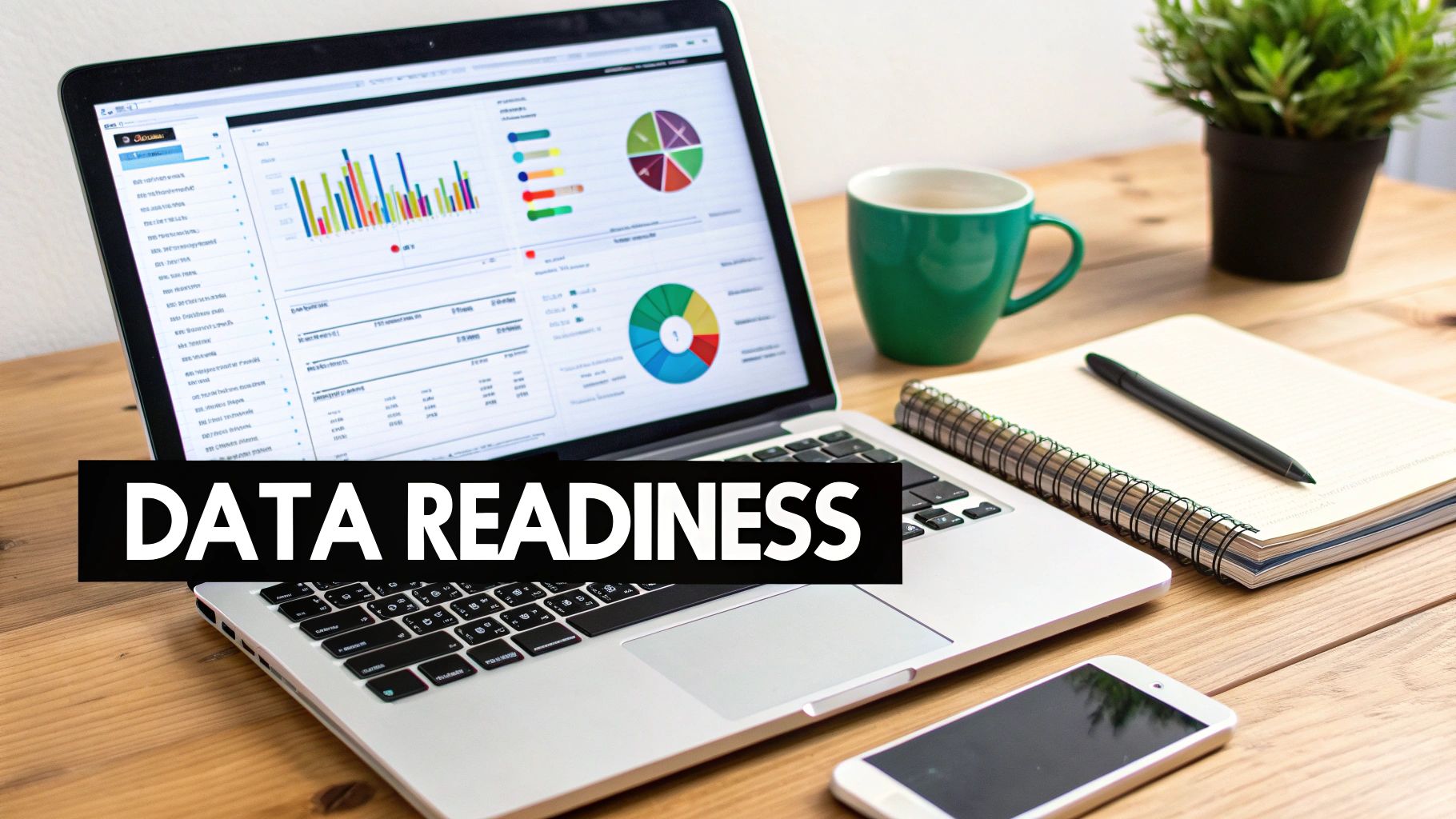 Laptop displaying colorful data analytics dashboard with charts and graphs on wooden desk workspace