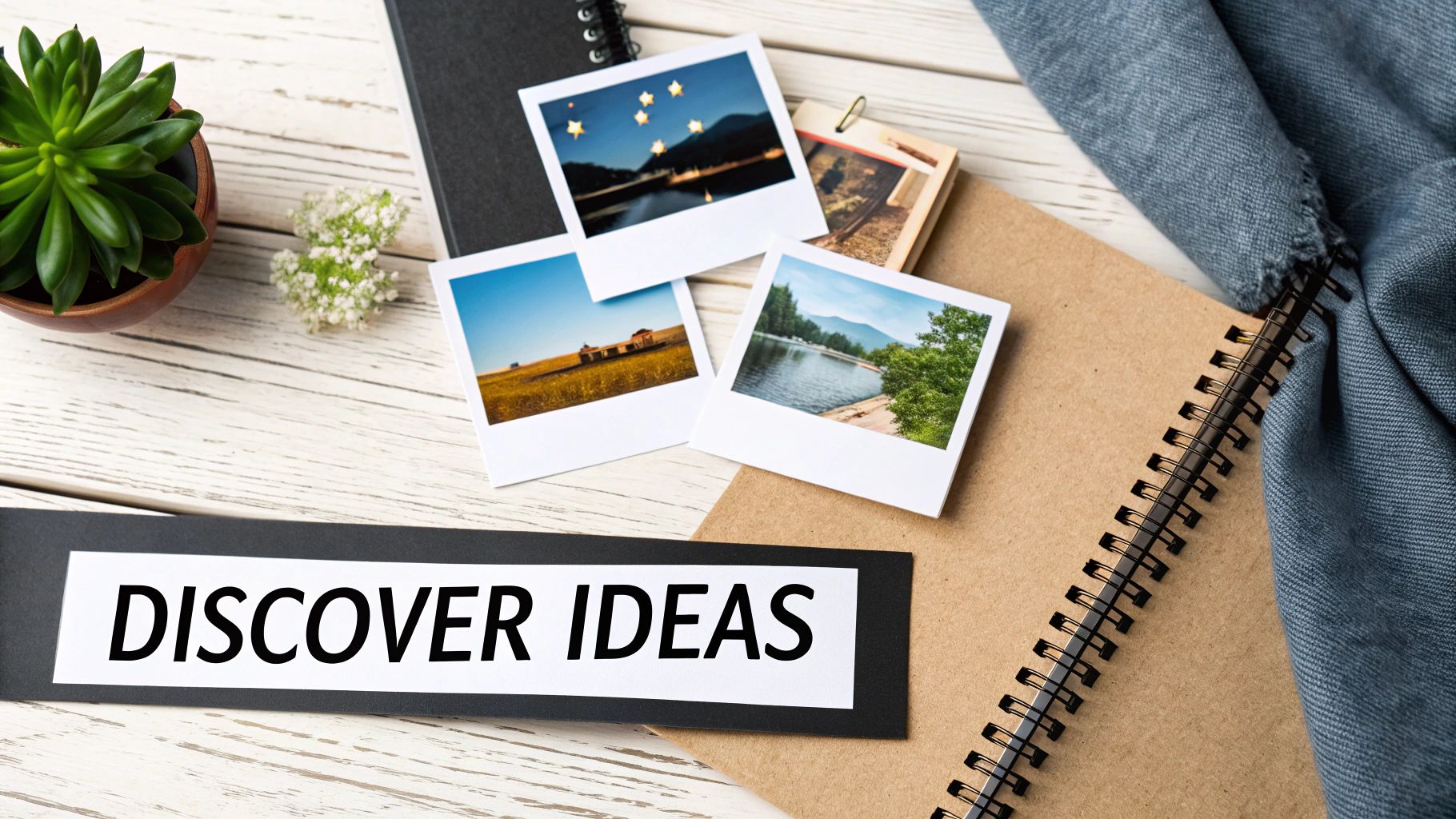 A flat lay on a white wooden table featuring instant photos, notebooks, a plant, and 'DISCOVER IDEAS' text.